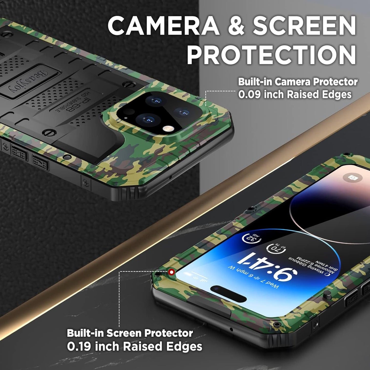 Beasyjoy Waterproof Case for Iphone 14 Pro, Metal Full Body Sealed Phone Case with Built-In Screen Protector, Military Grade Heavy Duty Defender Armor Shockproof Rugged Case 6.1 Inch, Camo  Beasyjoy   