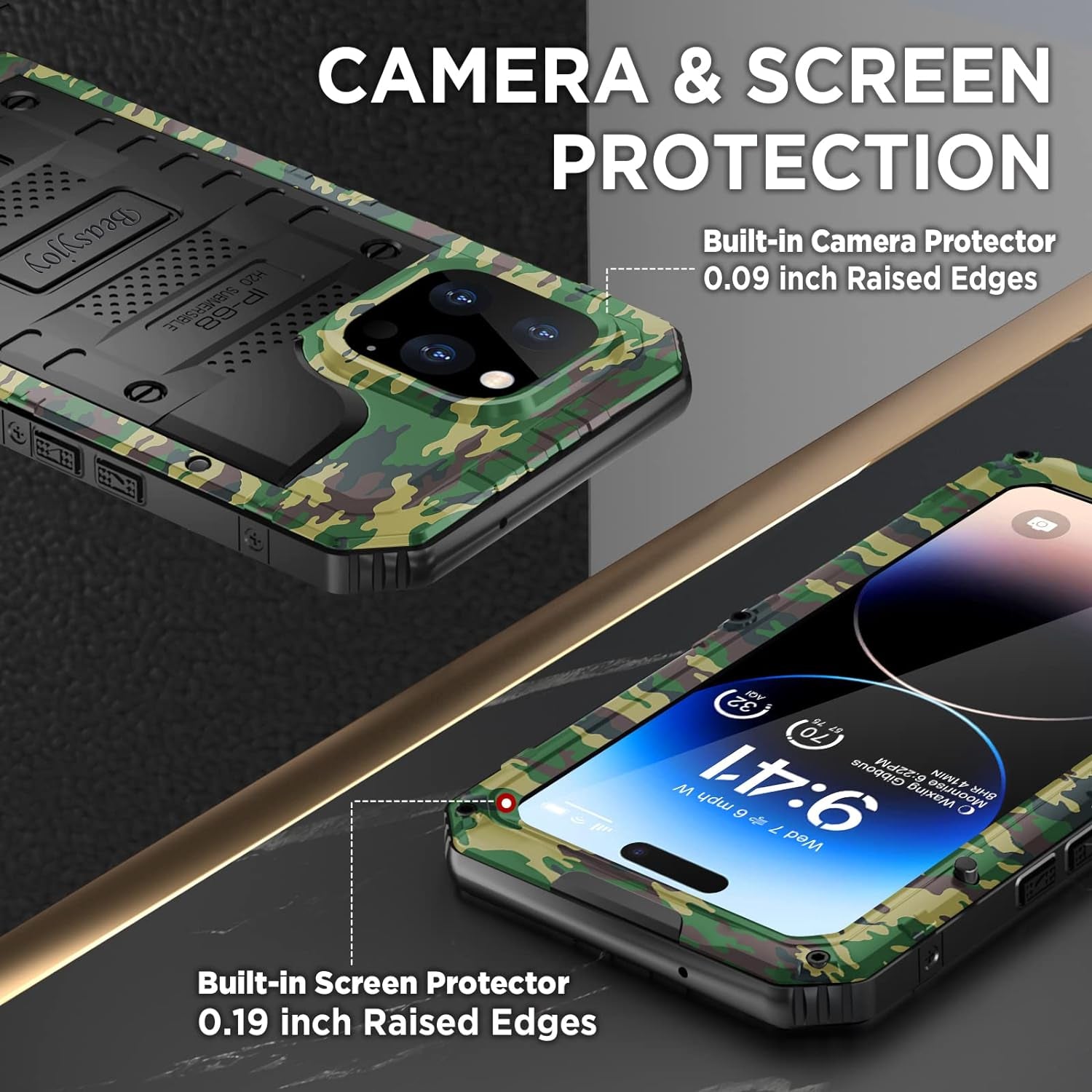 Beasyjoy Waterproof Case for Iphone 14 Pro, Metal Full Body Sealed Phone Case with Built-In Screen Protector, Military Grade Heavy Duty Defender Armor Shockproof Rugged Case 6.1 Inch, Camo  Beasyjoy   