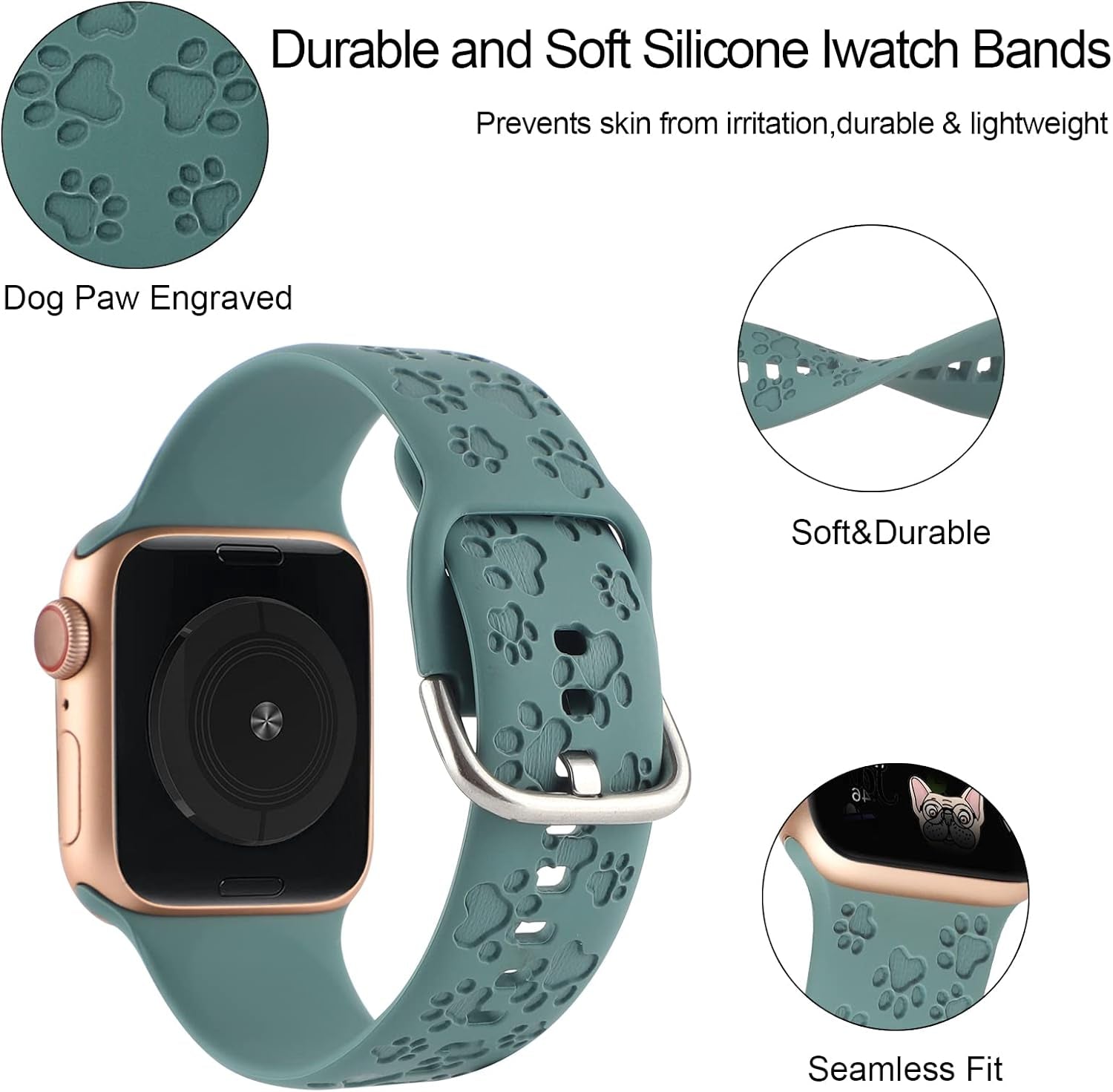 4 Pack Dog Paw Engraved Strap Compatible with Apple Watch Bands 38Mm 40Mm 41Mm 42Mm 44Mm 45Mm, Cute Animal Print Laser Soft Silicone Sport Accessories for Iwatch Series 9 8 7 6 5 4 3 2 1 SE