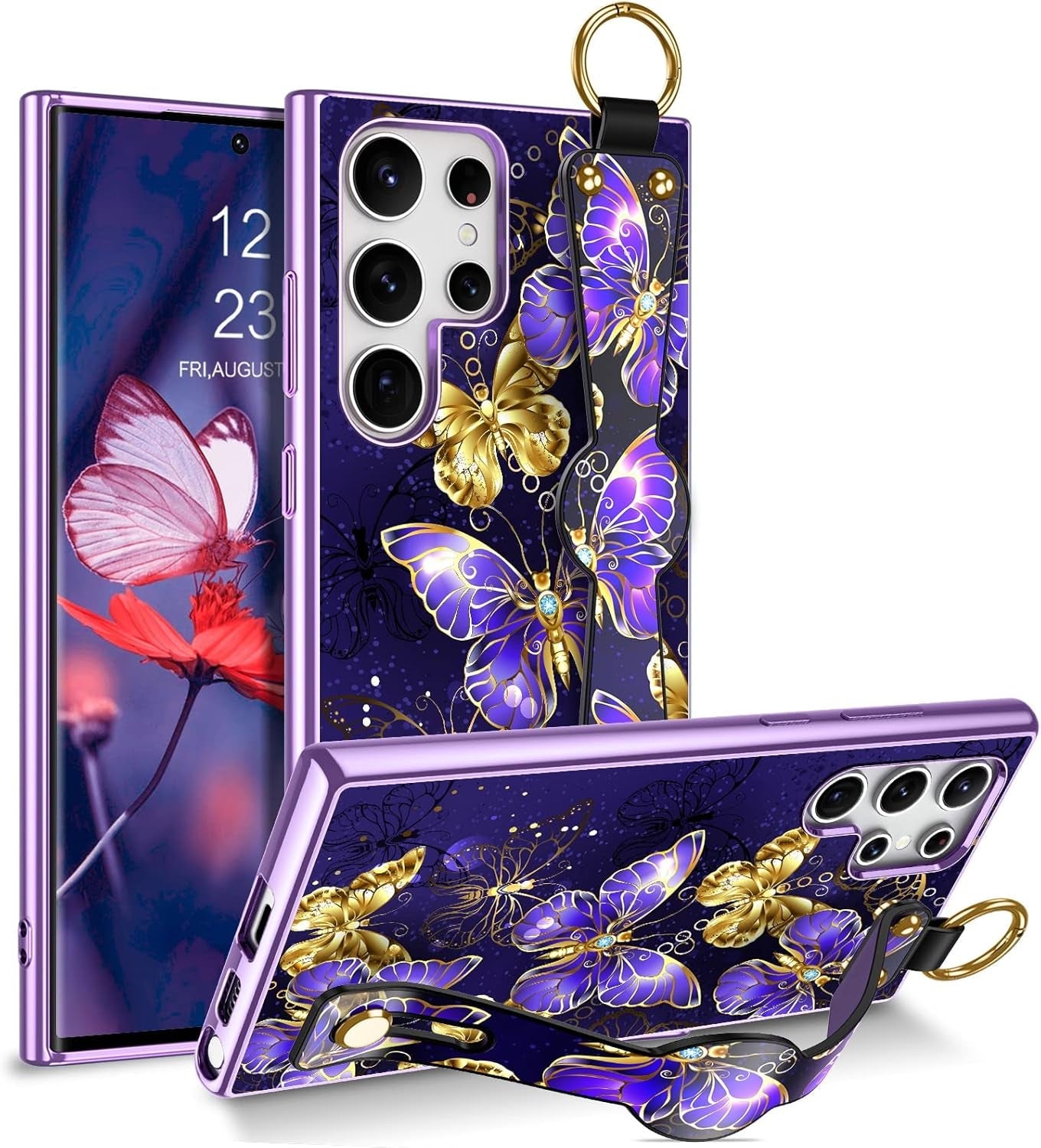 DUEDUE for Samsung Galaxy S22 Ultra Case, Glow in the Dark Butterfly Slim Cover with Hand Strap Hybrid Hard PC anti Slip Shockproof Full Protective Phone Case for Galaxy S22 Ultra 6.8", Purple