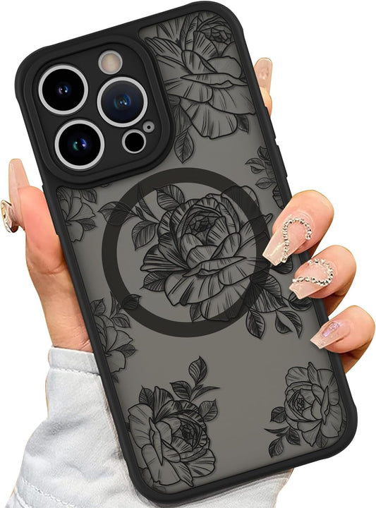 AIGOMARA Case for Iphone 15 Pro [Compatible with Magsafe] Black Flower Floral Pattern Design Case for Women Girls Soft TPU Bumper Hard PC Back Anti-Fall Shockproof Protective Slim Magnetic Cover  AIGOMARA   