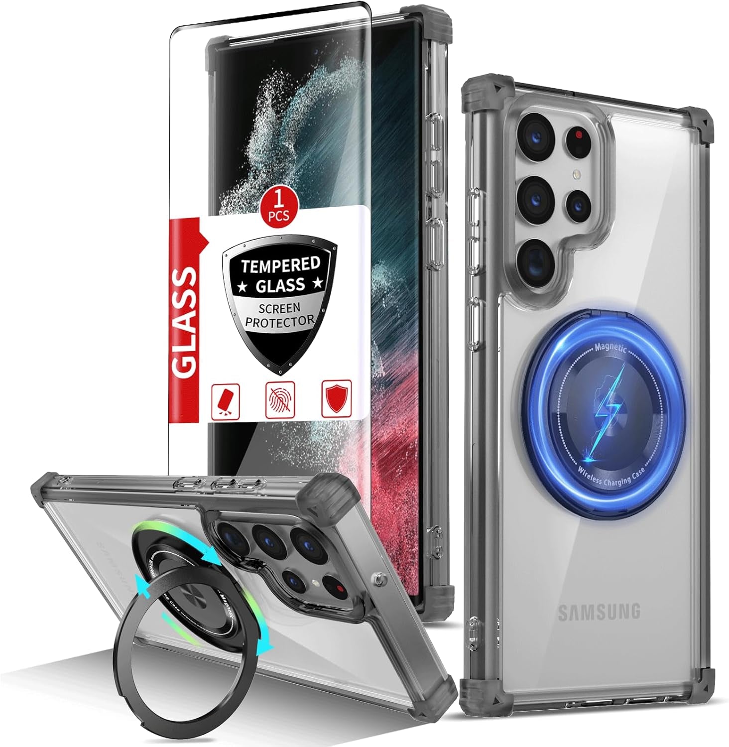 For Samsung Galaxy S22 Ultra Case Magnetic Compatible with Magsafe Galaxy S22Ultra Case with Glass Screen Protector,With Kickstand Military Grade Drop Protection Shockproof S22Ultra Case Clear