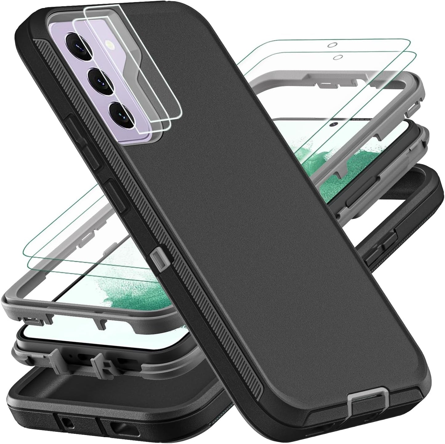 For Samsung Galaxy S22 plus Case, with 2Pcs [Self Healing Flexible TPU Screen Protector & Camera Lens Protector] Military Grade 3 in 1 Heavy Duty Case for Galaxy S22 plus 5G (Black/Grey)