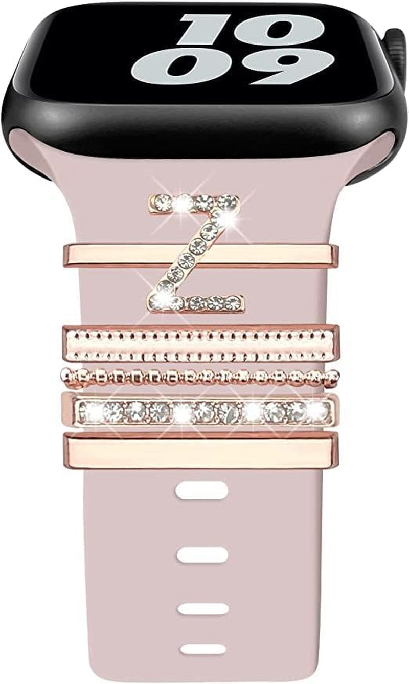 Decorative Rings Loops Compatible with Apple Watch Silicone Bands Charms 45Mm 44Mm 42Mm 41Mm 40Mm 38Mm Iwatch Series 8 7 6 5 4 3 2 1 Metal Diamond Charms Accessories (Z-Rose Gold)