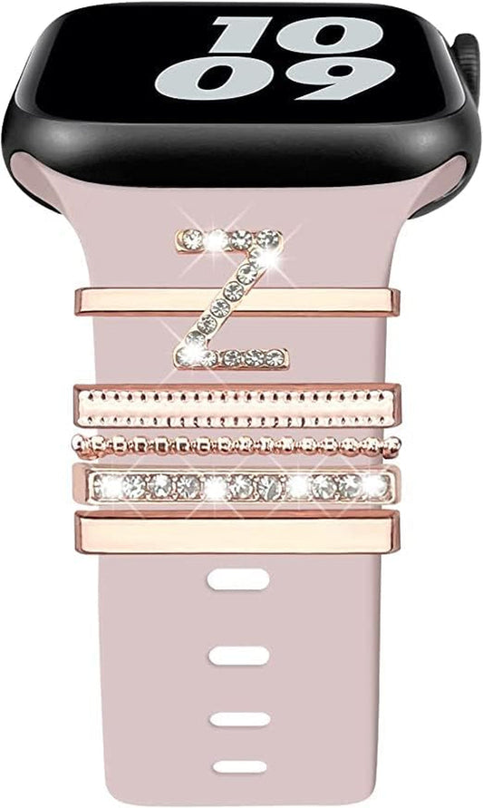 Decorative Rings Loops Compatible with Apple Watch Silicone Bands Charms 45Mm 44Mm 42Mm 41Mm 40Mm 38Mm Iwatch Series 8 7 6 5 4 3 2 1 Metal Diamond Charms Accessories (Z-Rose Gold)
