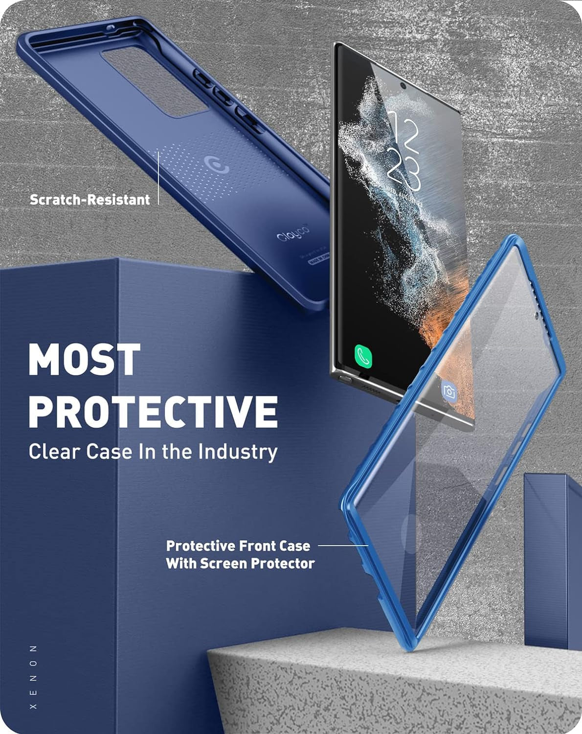 Clayco Xenon Case for Samsung Galaxy S22 Ultra 5G, [Built-In Screen Protector] Full-Body Rugged Cover Compatible with Fingerprint Reader, 6.8 Inch 2022 Release (Blue)