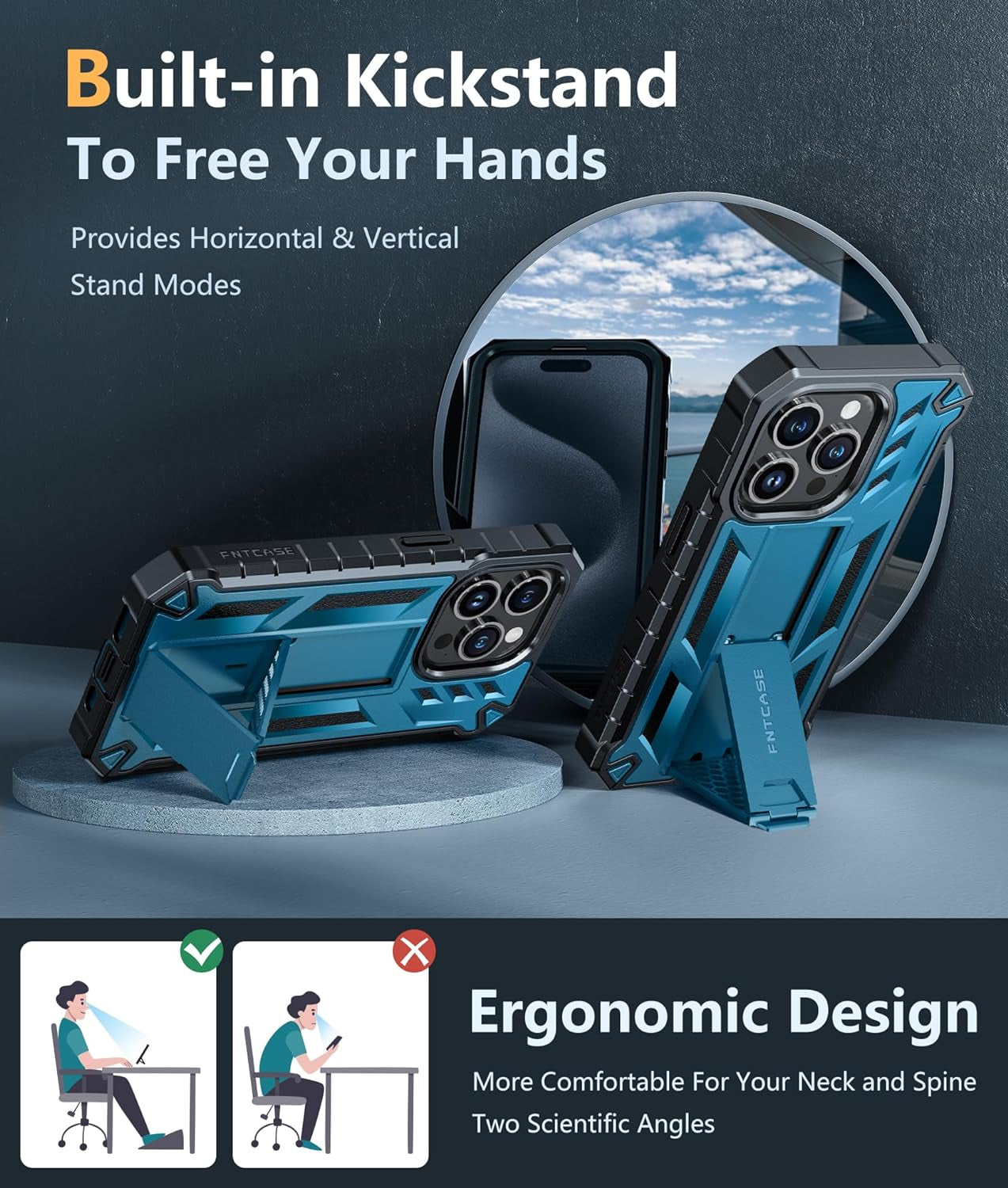 FNTCASE for Iphone 15 Pro Case: Military Grade Drop Proof Rugged Protective Cell Phone Cover with Kickstand & Built-In Protector | Matte Textured Shockproof TPU Hybrid Bumper Cases (Blue)  FNTCASE   