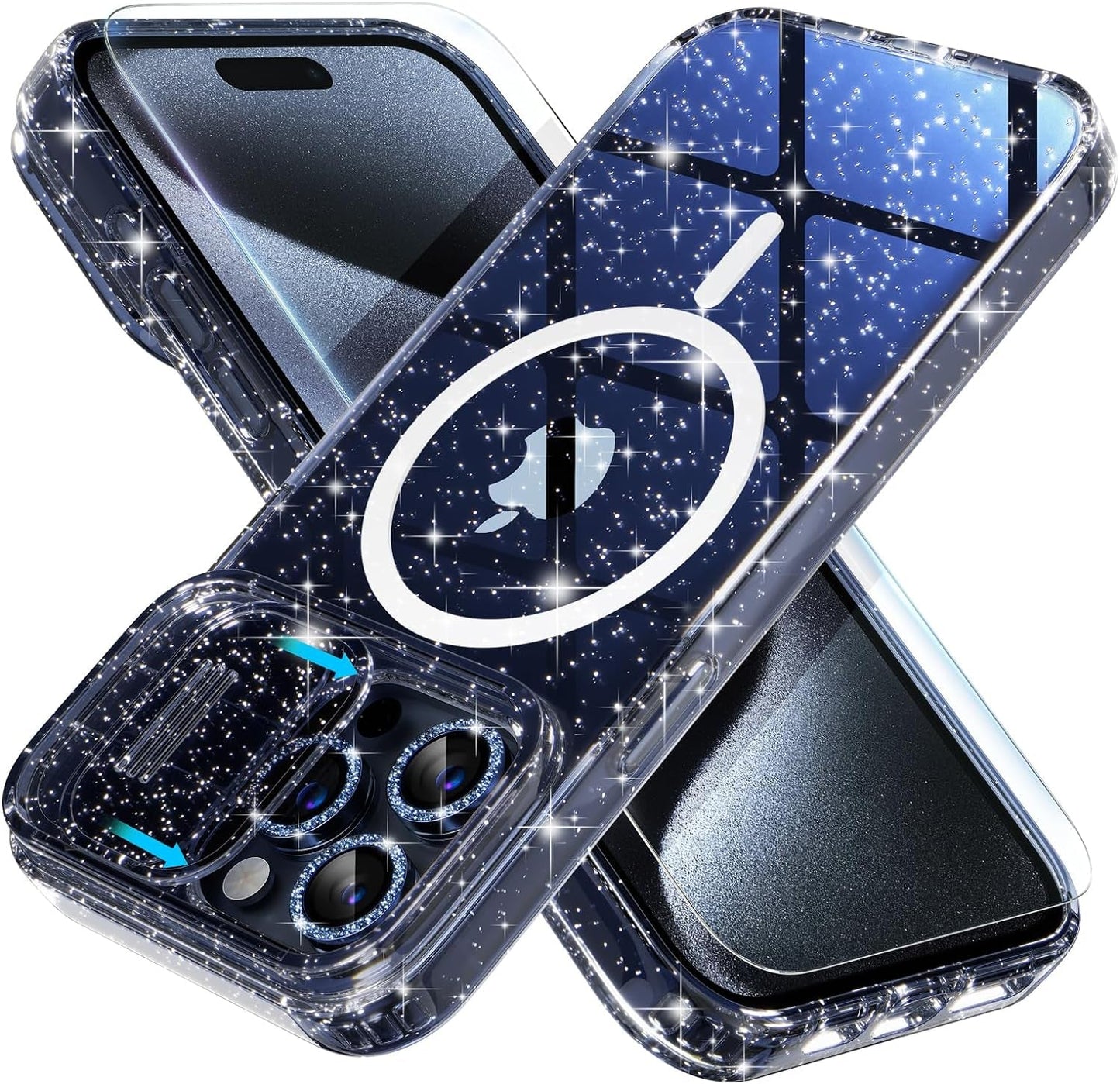 Choiche Magnetic Case for Iphone 15 Pro Case, Women Clear Glitter Sparkly Case, [Slide Camera Cover & 3 Diamond Camera Lens Protectors & 2 Screen Protectors] [Compatible Magsafe] (Glitter Clear)  Choiche   