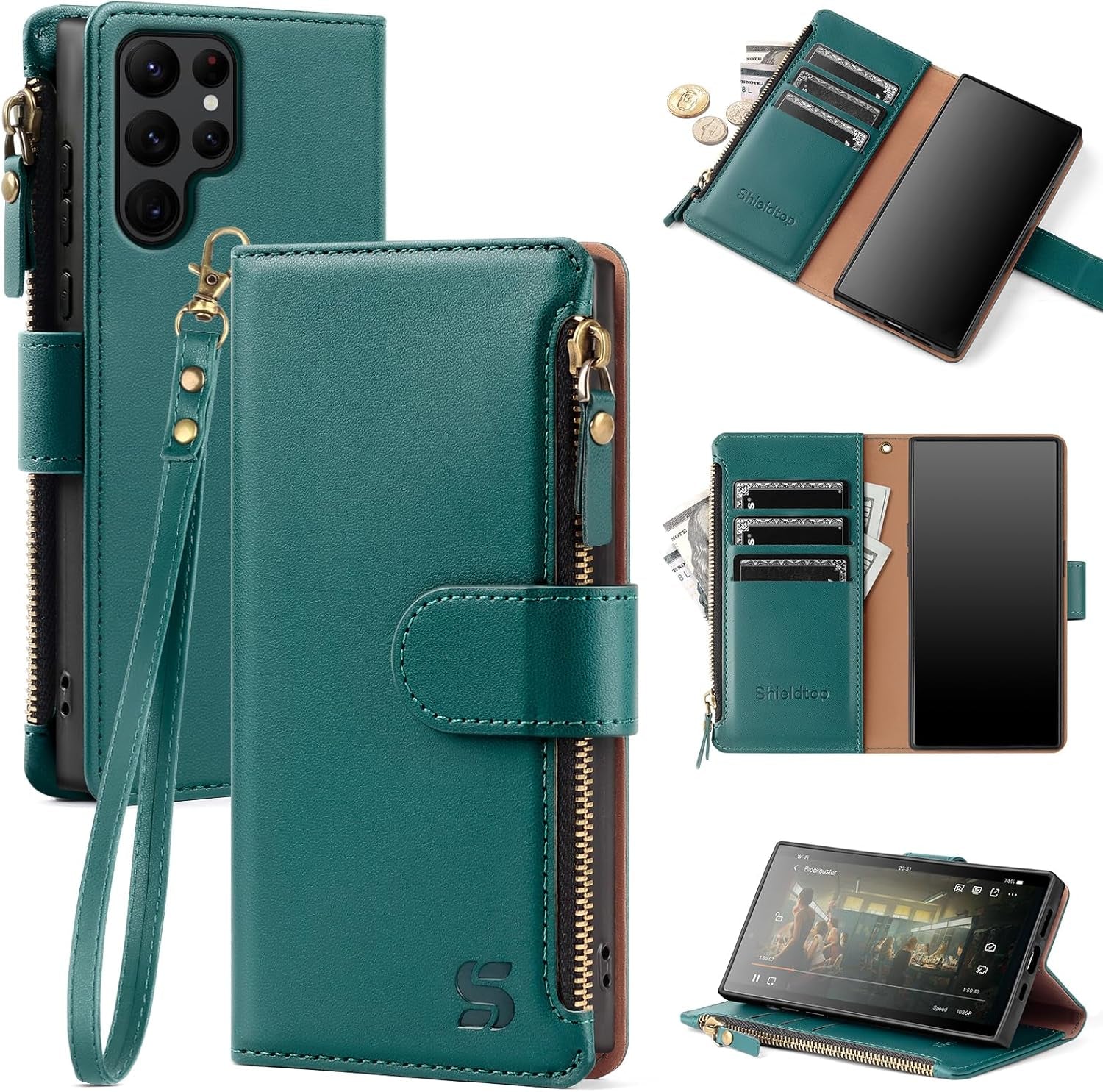 For Samsung Galaxy S22 Ultra 5G Wallet Case,Galaxy S22 Ultra Phone Case PU Leather Flip Folio Protective Cover Zipper Pocket Credit Card Slots Holder RFID Blocking,For Women Men,Wine Red