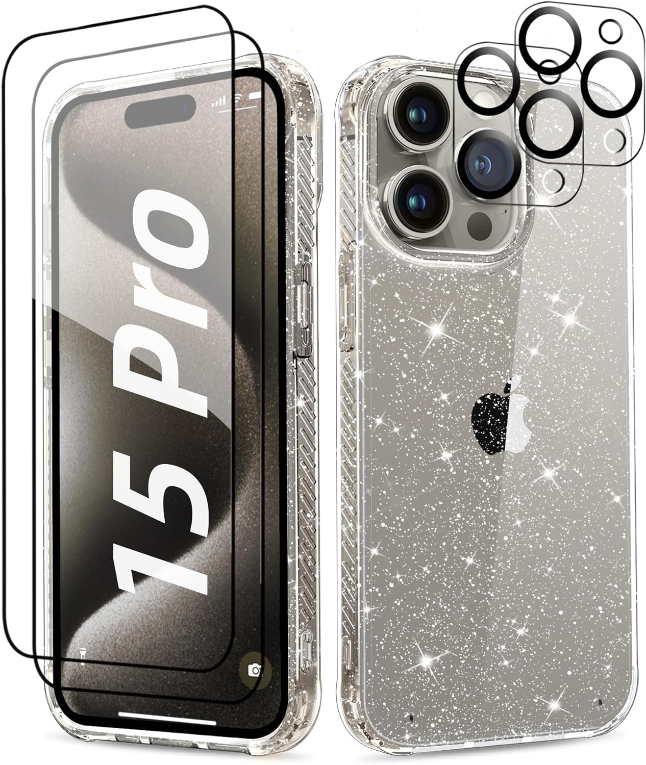 MIODIK Case Compatible with Iphone 15 Pro Clear Glitter, 2Pcs Screen Protector + 2Pcs Camera Protector, Women Cute [Military-Grade Protective] [Anti-Yellowing] Slim Cover 6.1" 2023 (Sparkle Black)  MIODIK Clear  