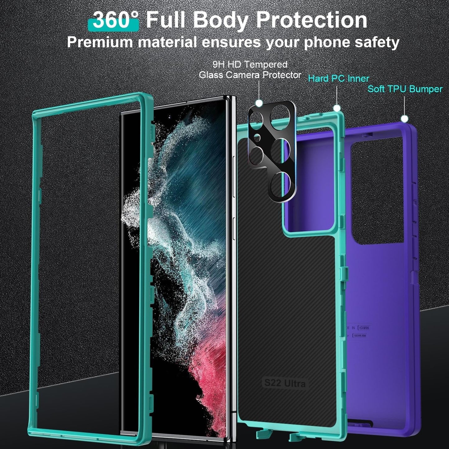 FEIYAR HOME for Samsung Galaxy S22 Ultra Case: [Military Grade Shockproof] with 2 [Camera Lens Protector] [No Screen Protector] Heavy Duty Protection Phone Case for Galaxy S22 Ultra 5G-Purple Green