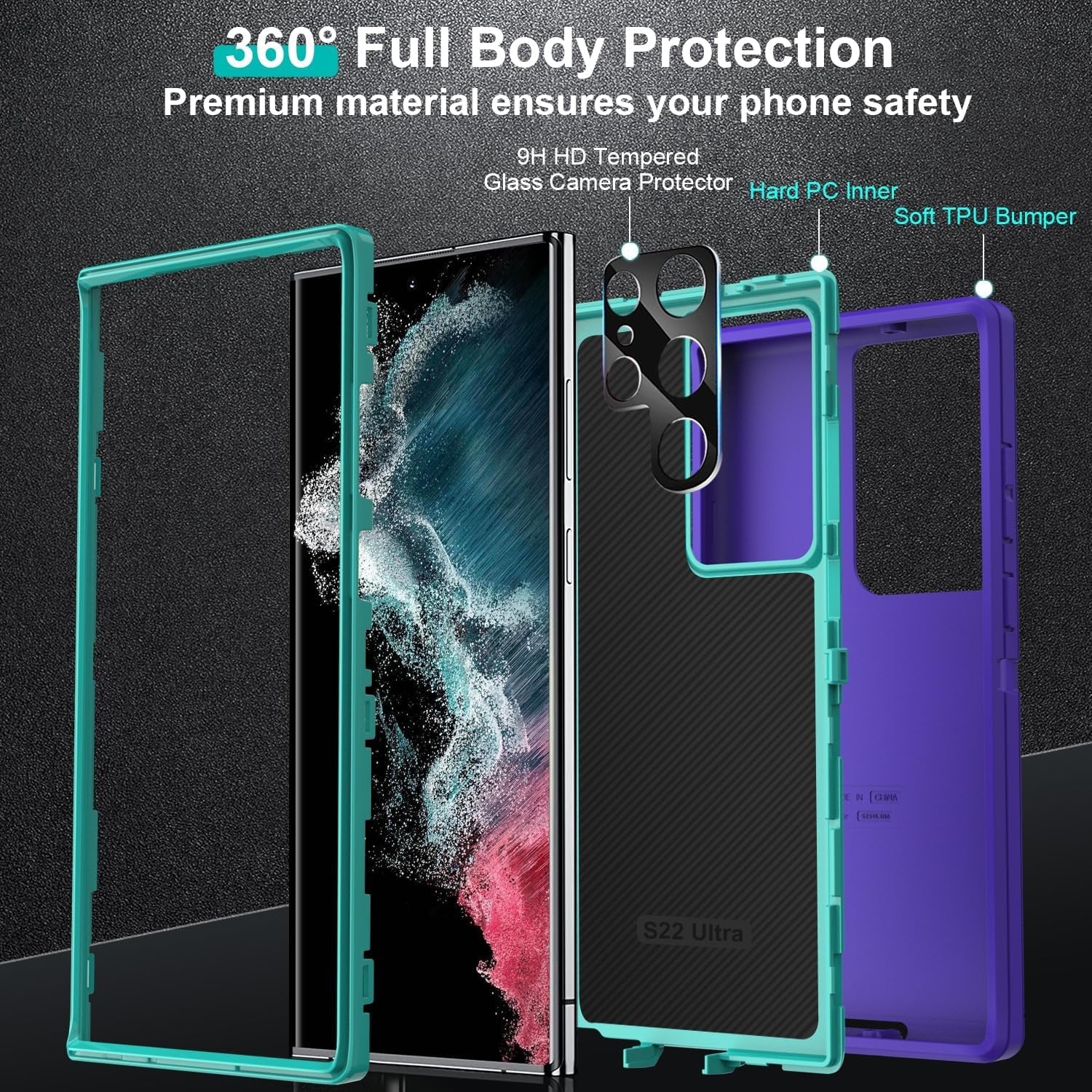 FEIYAR HOME for Samsung Galaxy S22 Ultra Case: [Military Grade Shockproof] with 2 [Camera Lens Protector] [No Screen Protector] Heavy Duty Protection Phone Case for Galaxy S22 Ultra 5G-Purple Green