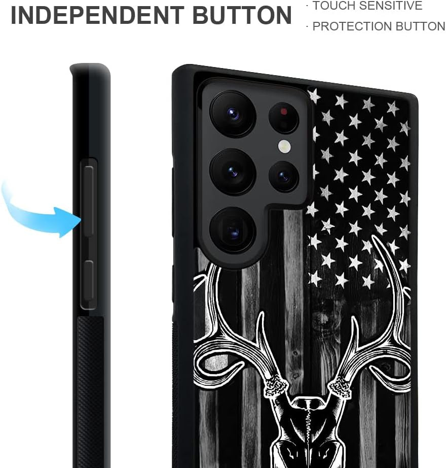 DJSOK Case Compatible with Samsung Galaxy S22 plus Case, Black Wood Grain USA American Flag Hunter Deer Pattern Design Pattern Back+Soft Silicone Protective Case