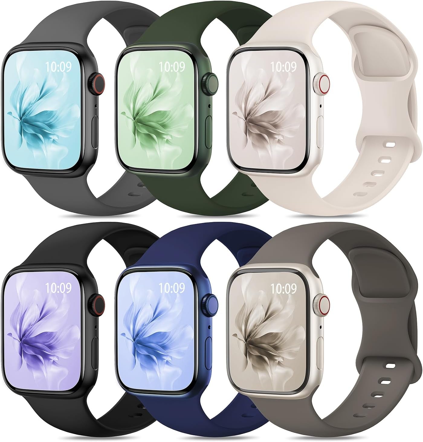 6 Pack Sport Silicone Band Compatible with Apple Watch Bands 40Mm 38Mm 41Mm 42Mm 44Mm 45Mm 49Mm Women Men, Soft Strap Wristbands for Iwatch Series 9 Ultra/Ultra 2 SE 8 7 6 5 4 3 2 1 Black