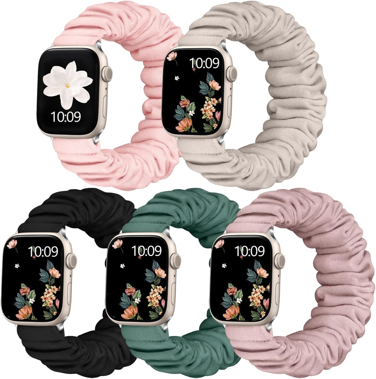 Adorve 5 Pack Scrunchie Bands Compatible with Apple Watch Band 38Mm 40Mm 41Mm 42Mm 44Mm 45Mm 49Mm for Women, Cute Fabric Scrunchy Adjustable Elastic Strap for Iwatch SE Ultra Series 8 7 6 5 4 3 2 1
