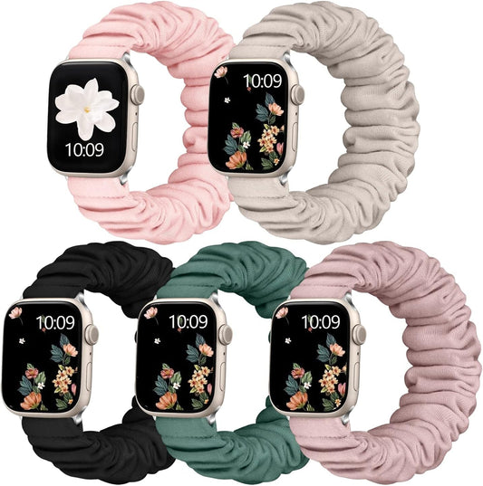 Adorve 5 Pack Scrunchie Bands Compatible with Apple Watch Band 38Mm 40Mm 41Mm 42Mm 44Mm 45Mm 49Mm for Women, Cute Fabric Scrunchy Adjustable Elastic Strap for Iwatch SE Ultra Series 8 7 6 5 4 3 2 1