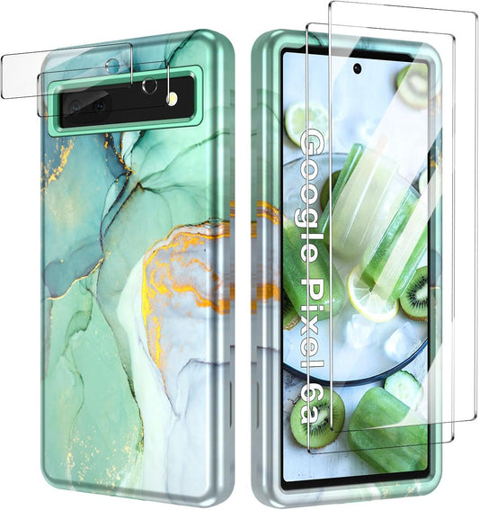 Btscase for Google Pixel 6A Case (2022), [5 in 1] with 2 Pack Screen Protector + 2 Pack Camera Lens Protector, Marble Pattern Full Body Three Layer Rugged Shockproof Protective Cover, Green  Btscase Green  