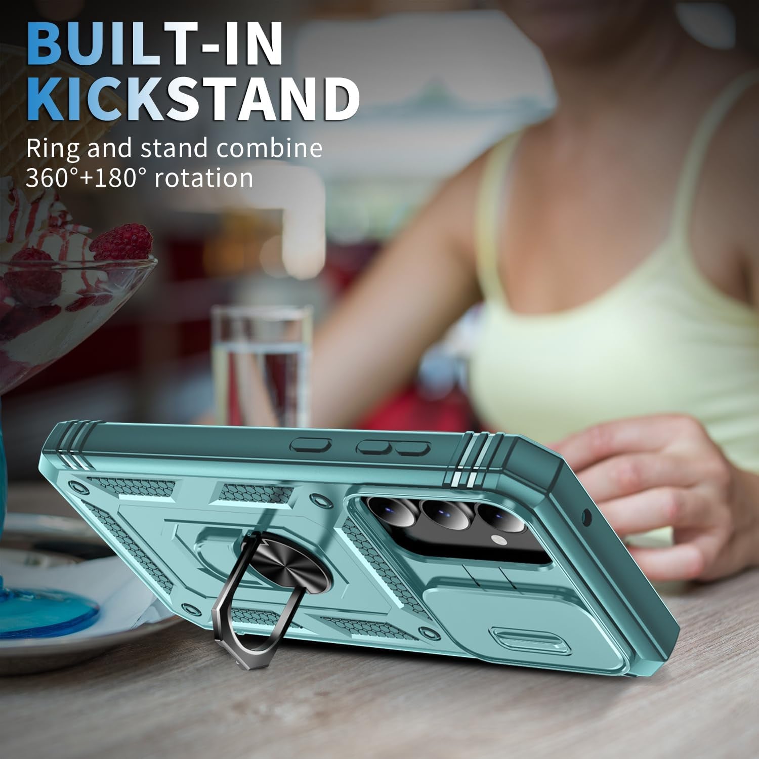 Case for Galaxy S23 FE, Slide Lens Protective Case Shockproof Impact Resistant with Kickstand Cover Case for Samsung Galaxy S23 FE 5G 6.4" (Green)