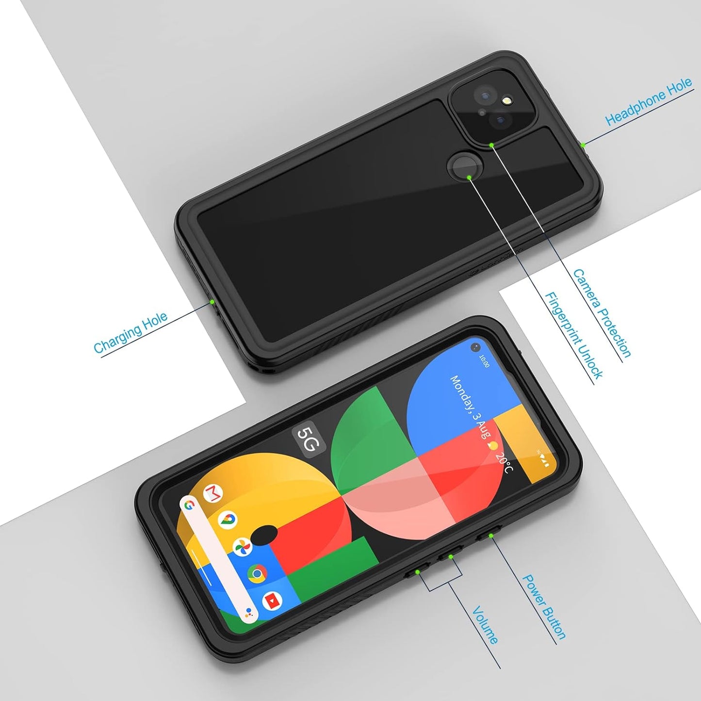 Lanhiem Pixel 5A Case, IP68 Waterproof Dustproof Shockproof Case [NOT for Pixel 5] with Built-In Screen Protector, Full Body Rugged Protective Cover for Google Pixel 5A 5G, Black/Clear  Lanhiem   