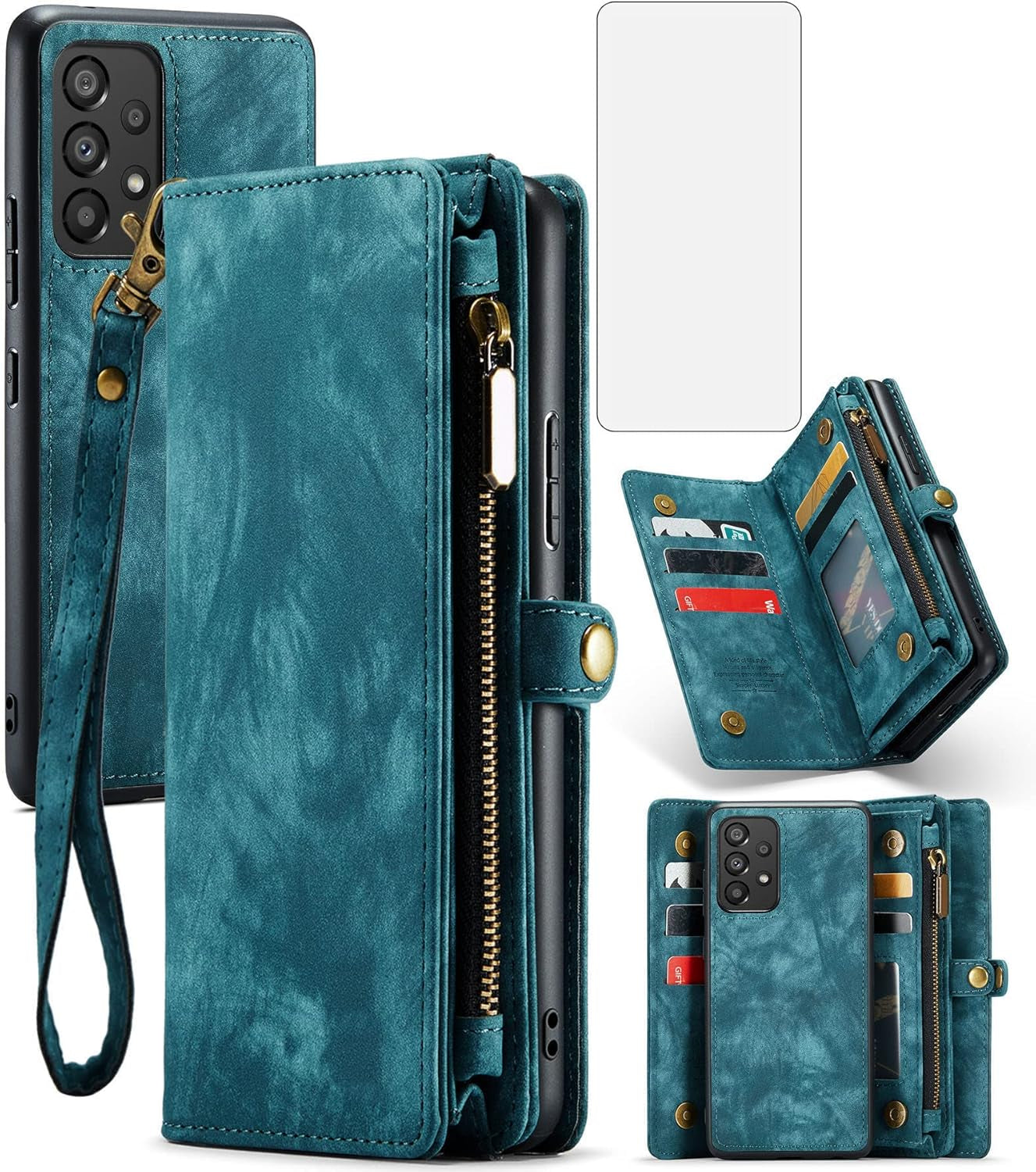 Asuwish Phone Case for Samsung Galaxy A53 5G 2022 Zipper Wallet Detachable Cover with Tempered Glass Screen Protector and Flip Card Holder Cell Accessories Gaxaly A53 G5 Galaxies 53A SM A536U Men Blue