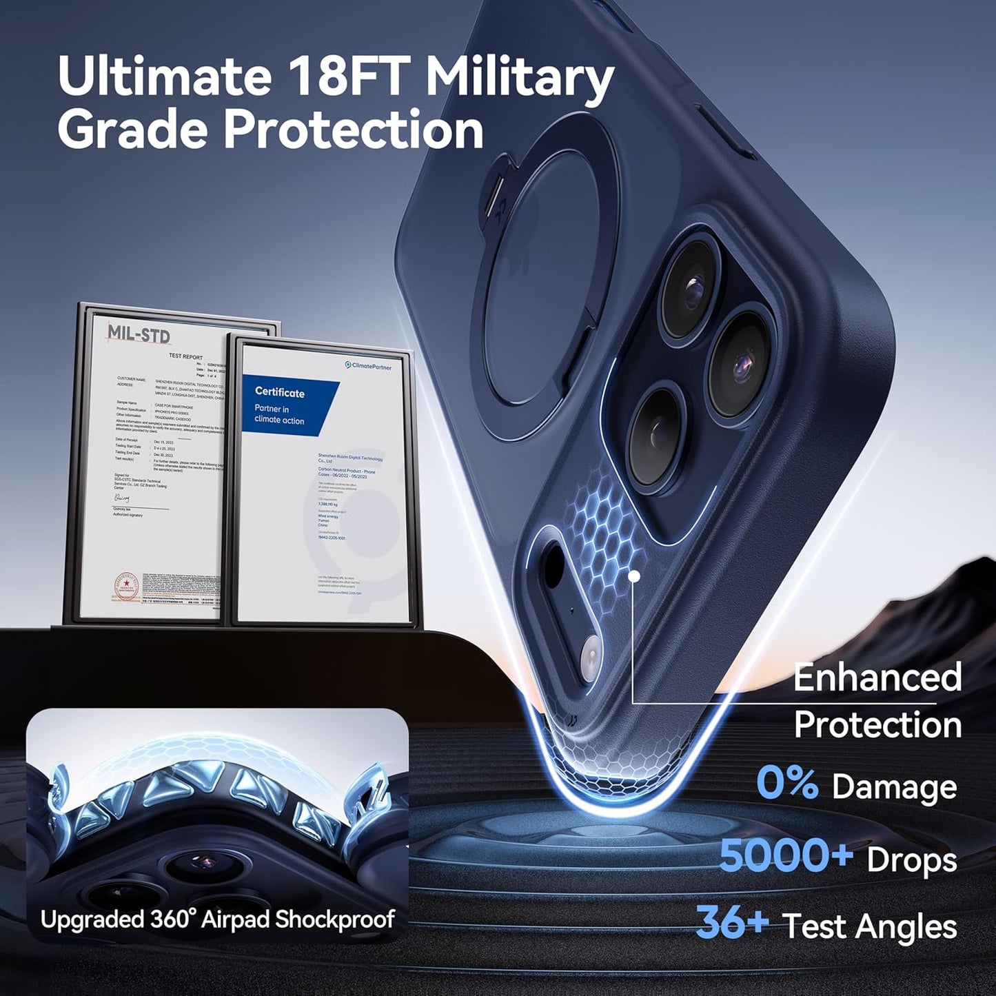 CASEKOO Official Blue for Iphone 17 Pro Max Case with 360 Spin Magnetic Stand [Camera Protection] [18FT Military Grade Protection] [Fit for Magsafe] Shockproof Ring Grip Matte 6.9 Inch