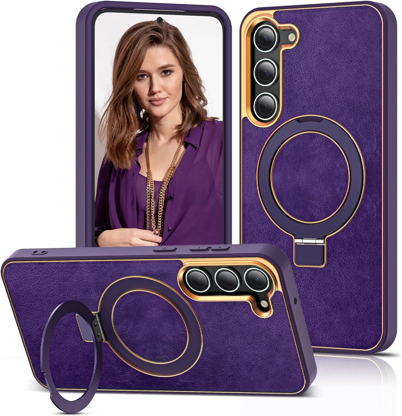 Designed for Samsung Galaxy S22 plus Case with Magnetic O-Ring Stand Leather Luxury Business Phone Cases for S22 plus 6.6" Compatible with Magsafe [Military Grade Protection],Red