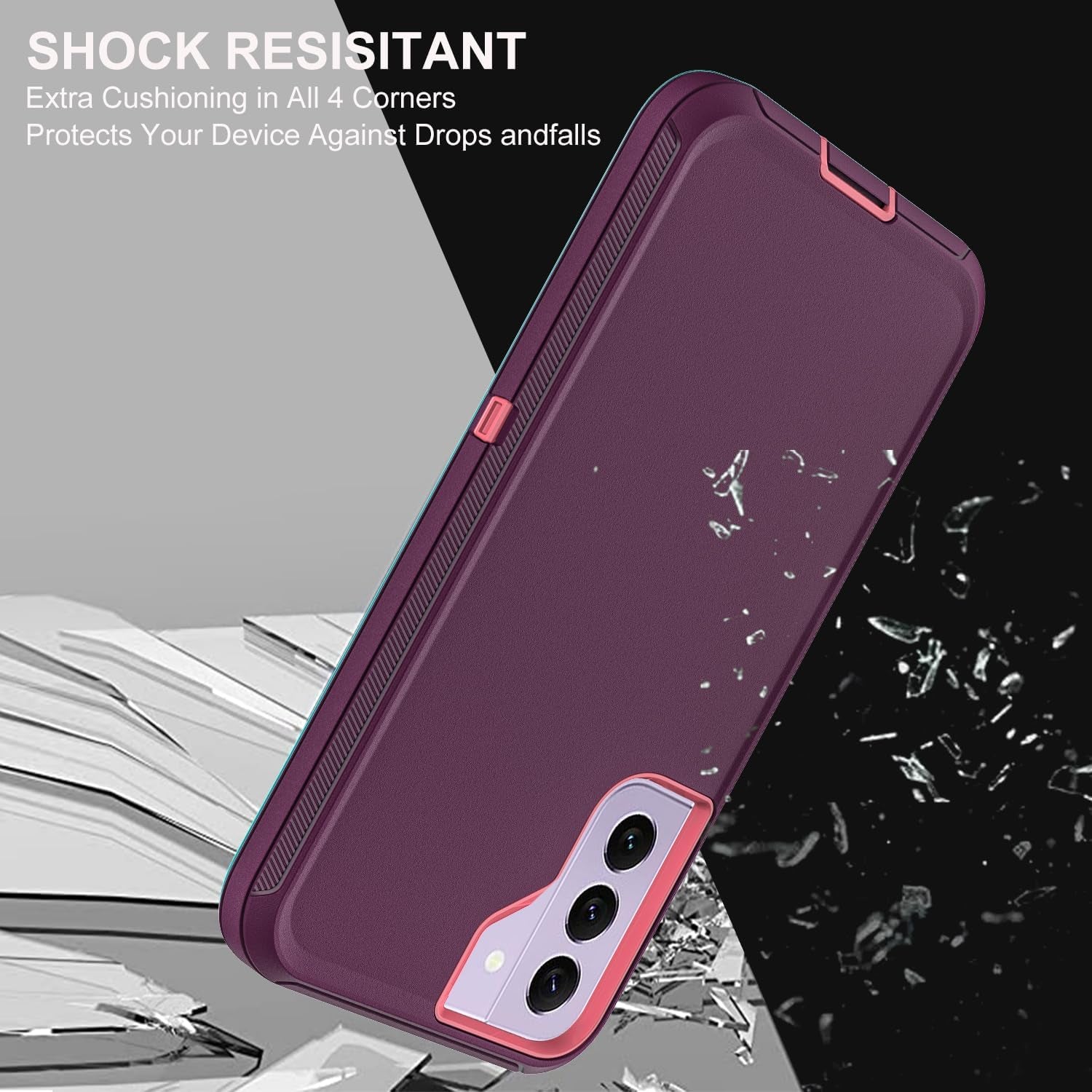 For Samsung Galaxy S22 Case, with 2Pcs [Self Healing Flexible TPU Screen Protector & Camera Lens Protector] Military Grade 3 in 1 Heavy Duty Case for Galaxy S22 5G 6.1 Inch (Purple/Pink)