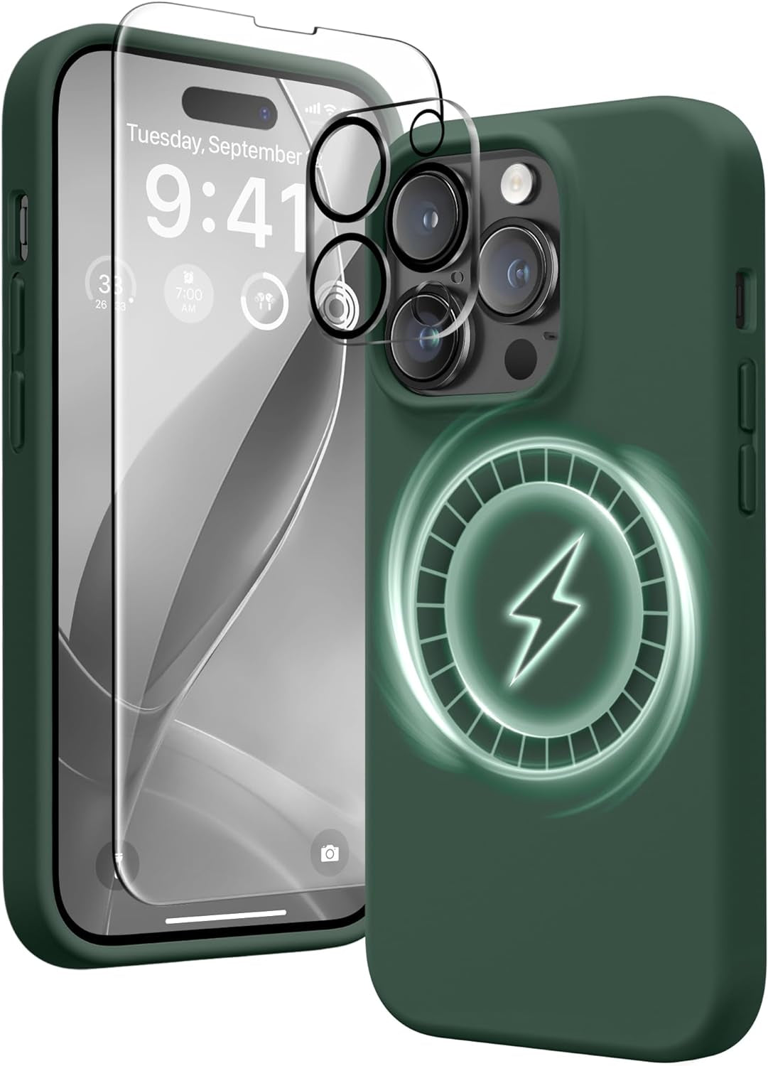 GONEZ for Iphone 14 Pro Max Case Silicone, Compatible with Magsafe, with 2X Screen Protector + 2X Camera Lens Protector, Liquid Silicone Shockproof Protective Iphone 14 Promax Case, Blue  GONEZ Dark Green  