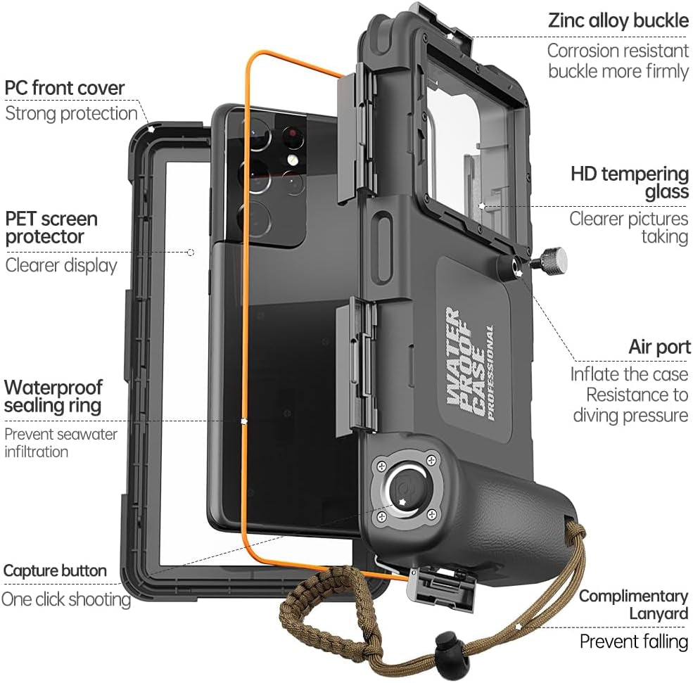 Ezanmull Professional Snorkeling Diving Waterproof Phone Case for Iphone 15/14/13/12/11 Pro Max/Xr/Xs/X/Galaxy S24/S23/S22/S21 plus Ultra, Underwater 50Ft/15M Photo & Video Protective (A/Black)