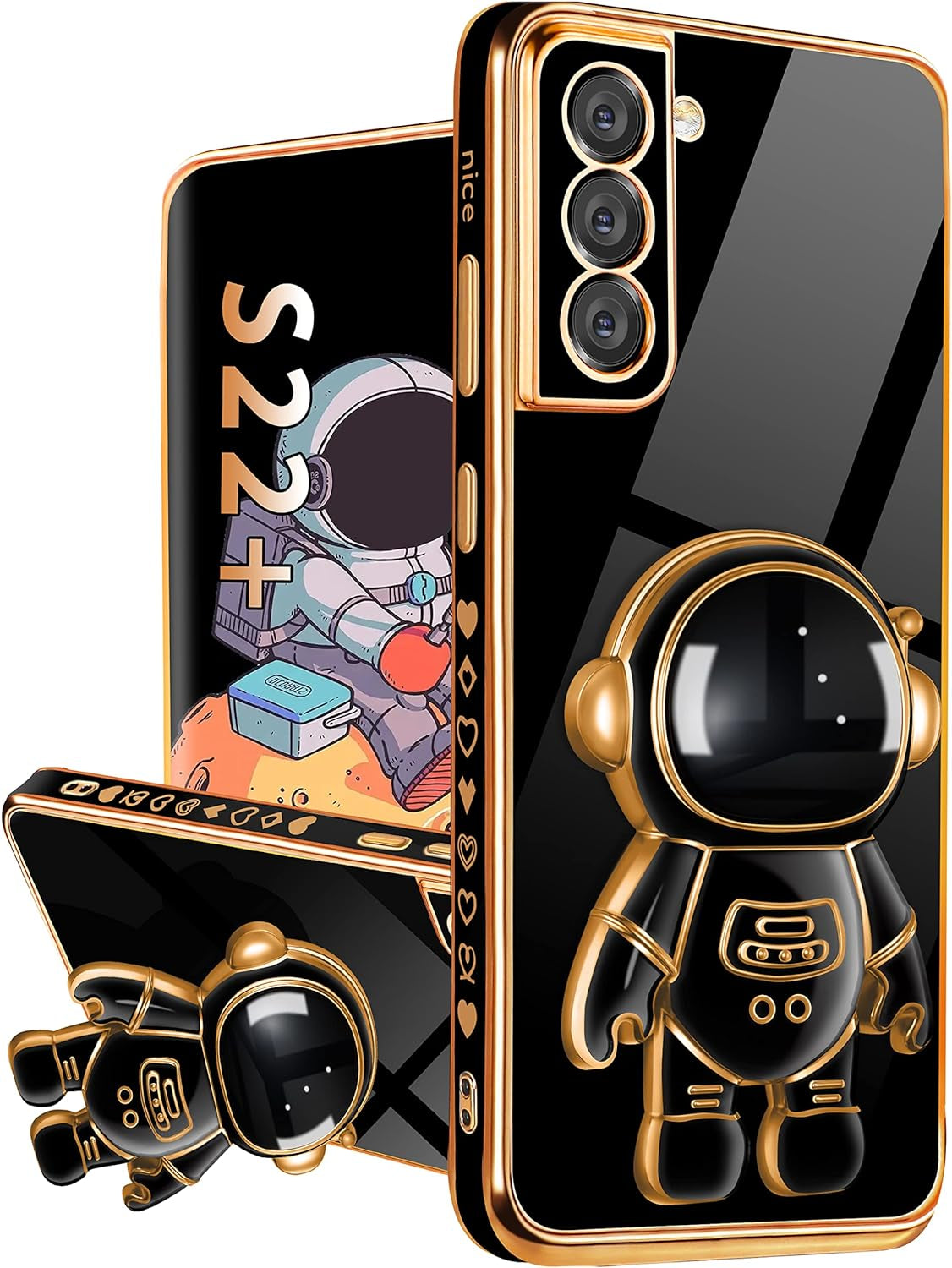 Buleens for Samsung Galaxy S22 plus Case with Astronaut Stand, Women Girls for Galaxy S22 plus Cases, Girly Cute 6D Outer Space Heart Pattern Phone Cover for S22 plus 6.6 Inch Black