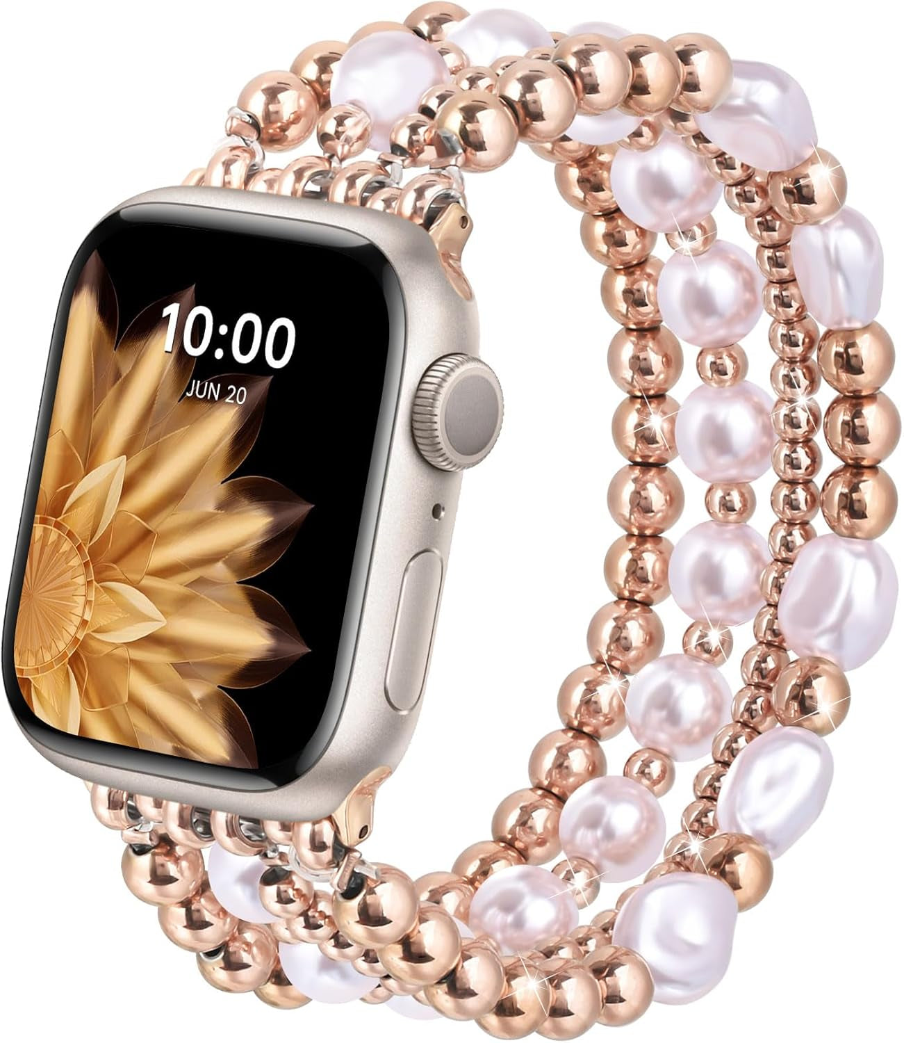 AIRSPO Gold Beaded Bracelets Compatible for Apple Watch Band 38Mm 40Mm 41Mm 42Mm 44Mm 45Mm Women, Fashion Handmade Dressy Iphone Watch Bands Elastic Strap for Iwatch Series SE 8 7 6 5 4 3 2 1