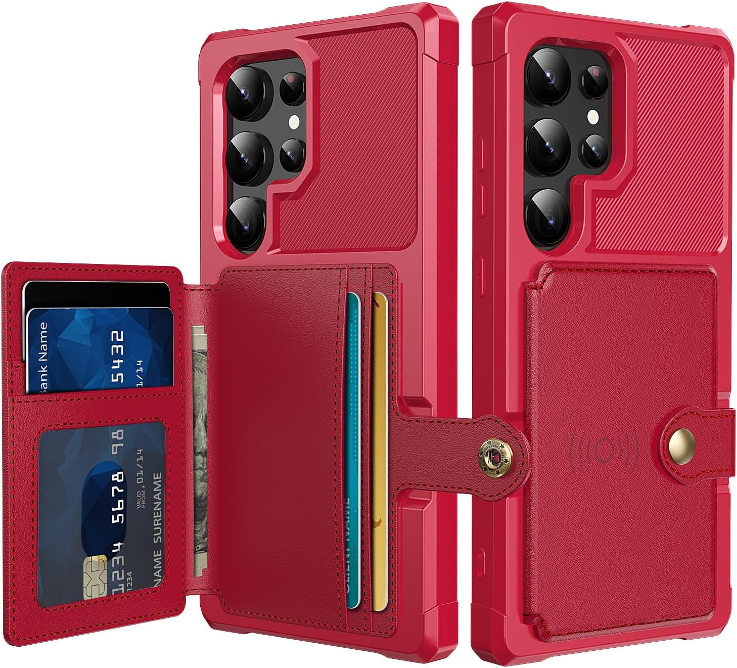 For Samsung Galaxy S22 Ultra Case with Card Holder, Compatible with Magnetic Car Mount, Heavy Duty Shockproof Rugged Soft TPU Back Leather Flip Wallet Cover 6.8 Inch, Red