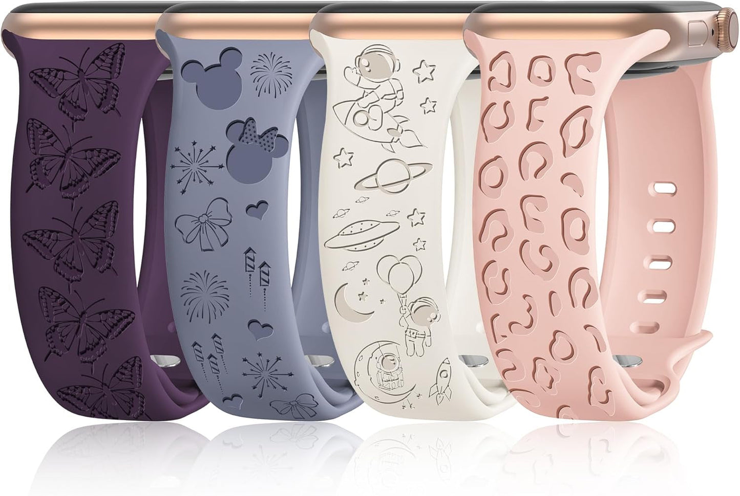 4 Pack Cartoon Engraved Bands Compatible with Apple Watch Band 40Mm 41Mm 38Mm 42Mm 44Mm 45Mm 49Mm Women,Soft Silicone Cute Designer Strap for Iwatch Bands Series SE 8 6 5 4 3 2 1 Ultra