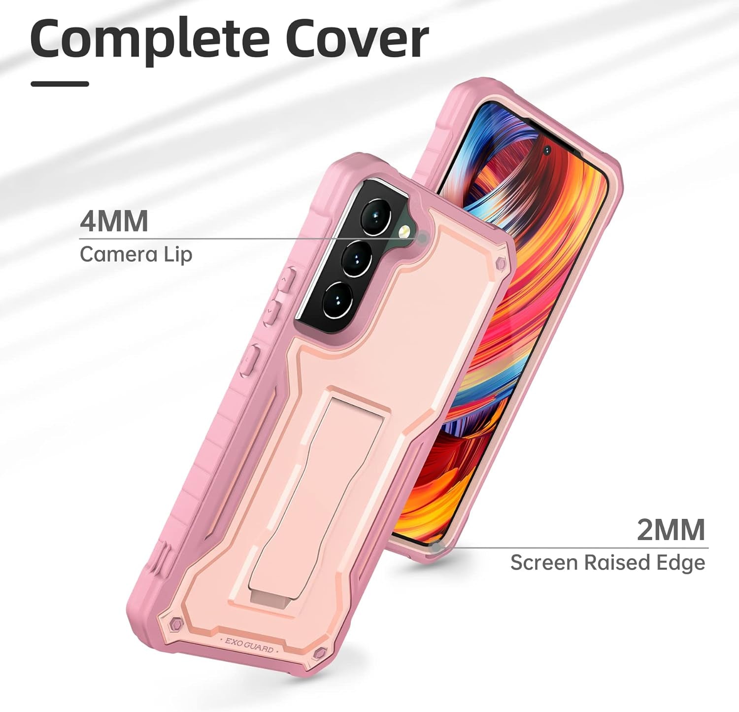Exoguard for Samsung Galaxy S22 plus Case, Rubber Shockproof Heavy Duty Case with Screen Protector for Samsung S22 plus Phone, Built-In Kickstand (Pink)