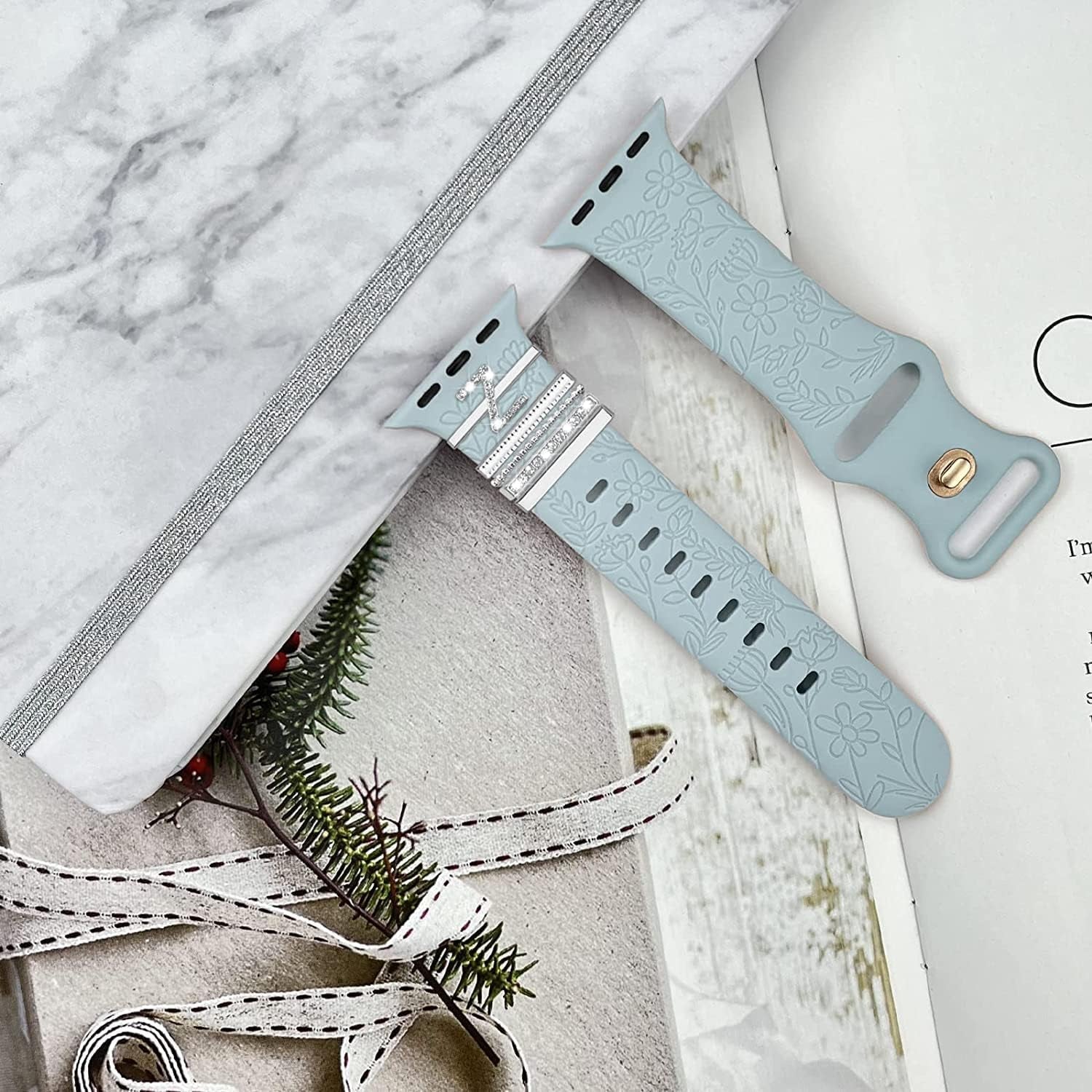 Decorative Rings Loops Compatible with Apple Watch Silicone Bands Metal Diamond Charms 45Mm 44Mm 42Mm 41Mm 40Mm 38Mm Iwatch Series 8 7 6 5 4 3 2 1 Accessories(Silver) (Z)