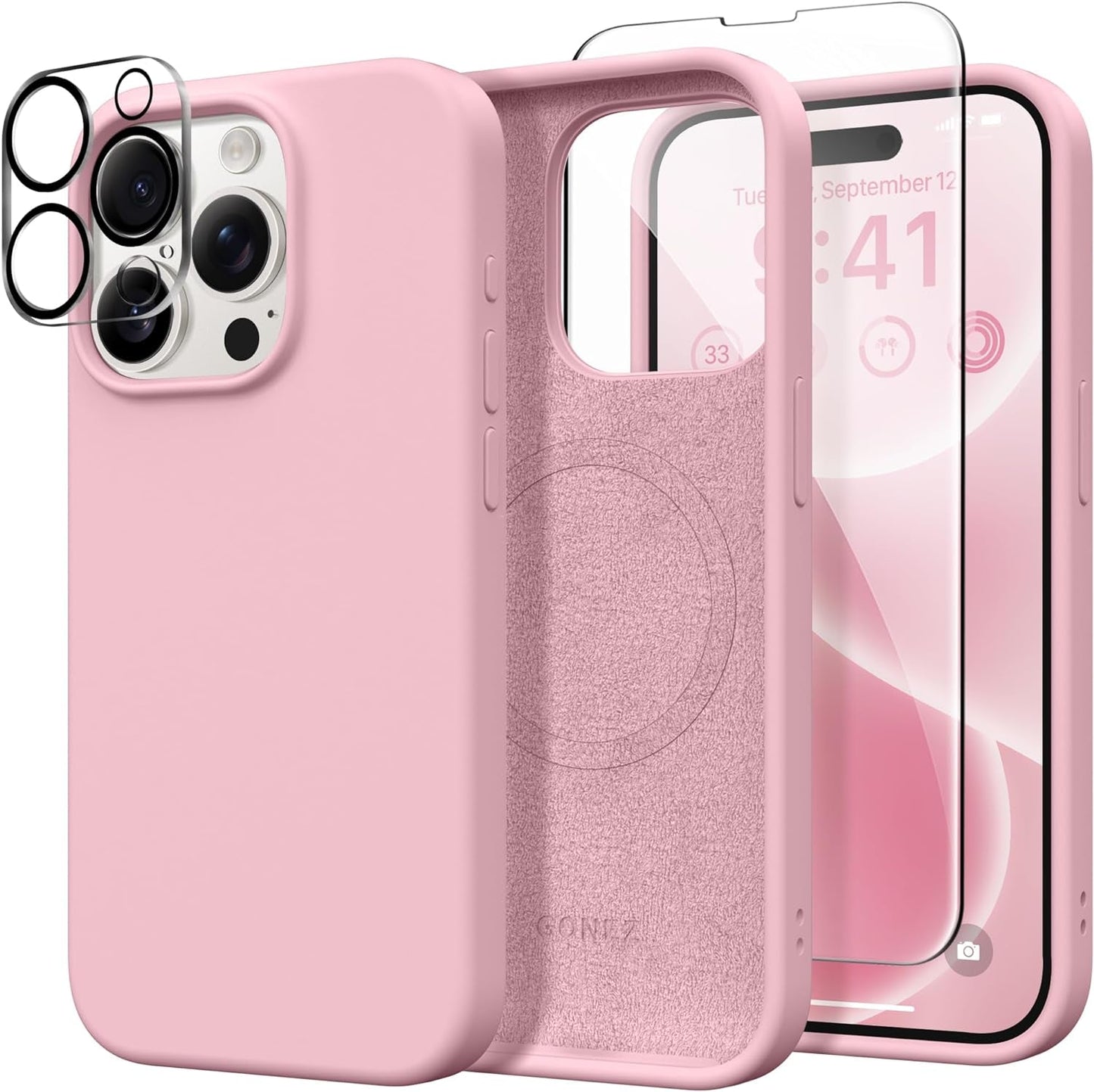 GONEZ for Iphone 15 Pro Case Compatible with Magsafe, [2X Screen Protector + 2X Camera Lens Protector], Soft Silicone Shockproof Anti-Scratch Full Body Protective Phone Case 6.1" 2023, Dark Grey  GONEZ Peach Pink  