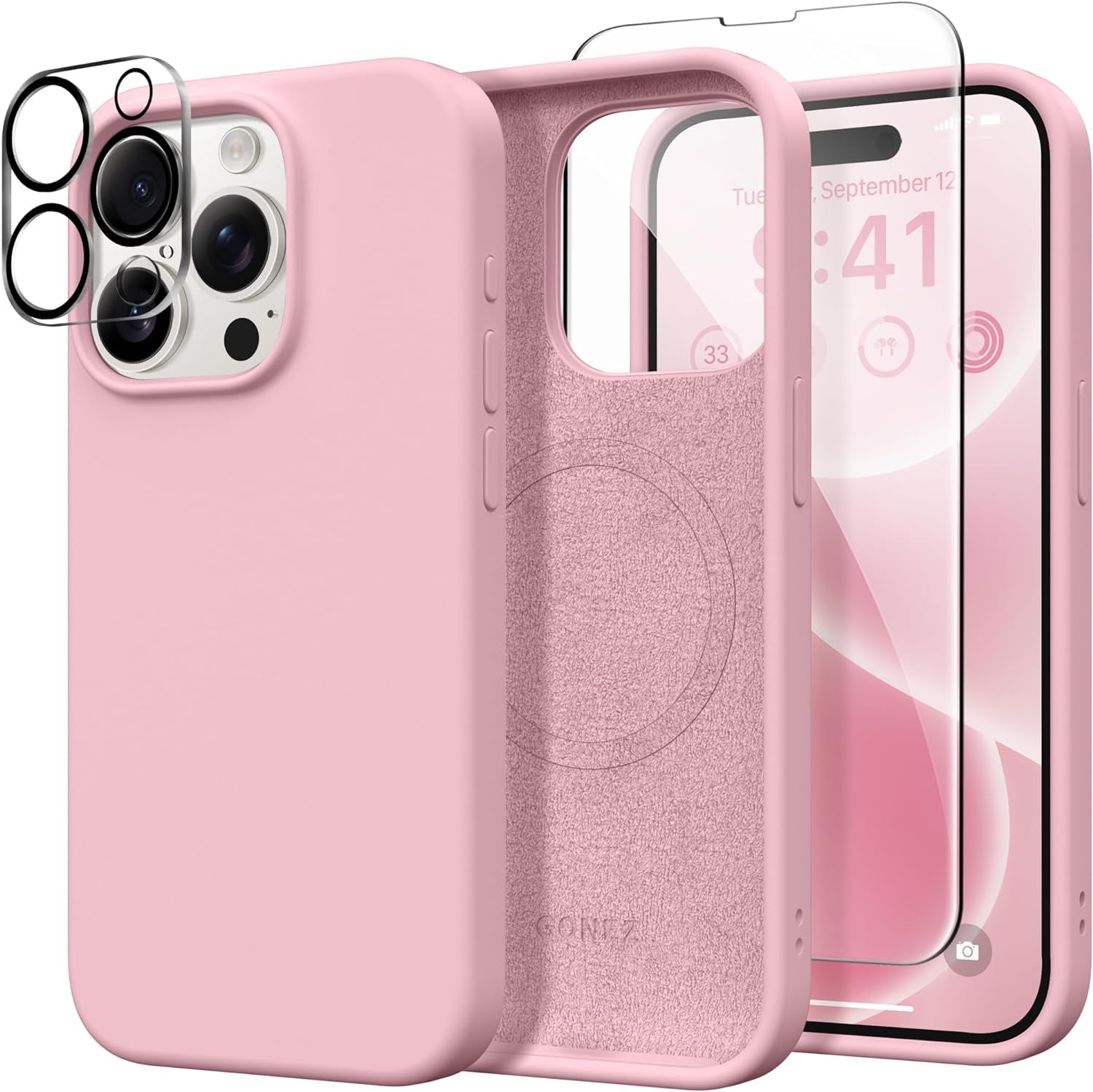 GONEZ for Iphone 15 Pro Case Compatible with Magsafe, [2X Screen Protector + 2X Camera Lens Protector], Soft Silicone Shockproof Anti-Scratch Full Body Protective Phone Case 6.1" 2023, Dark Grey  GONEZ Peach Pink  