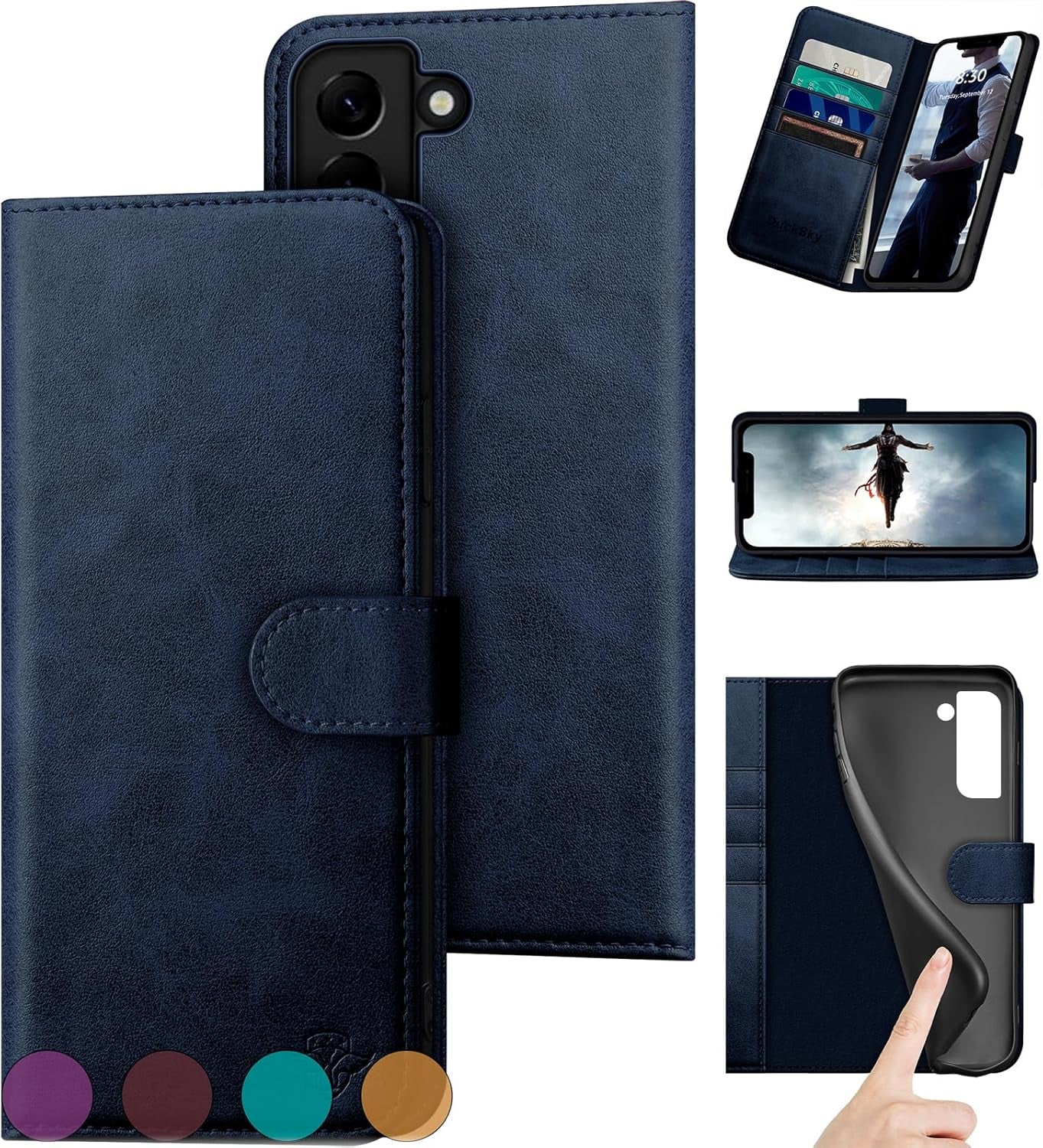 For Samsung Galaxy S22 Genuine Leather Wallet Case 【RFID Blocking】【4 Credit Card Holder】【Real Leather】 Flip Folio Book Phone Case Protective Cover Women Men for S22 Case Purple