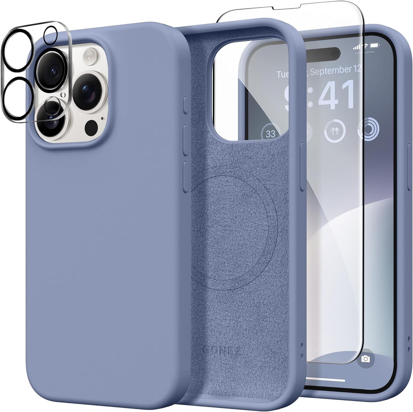 GONEZ for Iphone 15 Pro Case Compatible with Magsafe, [2X Screen Protector + 2X Camera Lens Protector], Soft Silicone Shockproof Anti-Scratch Full Body Protective Phone Case 6.1" 2023, Dark Grey  GONEZ Lavender Gray  