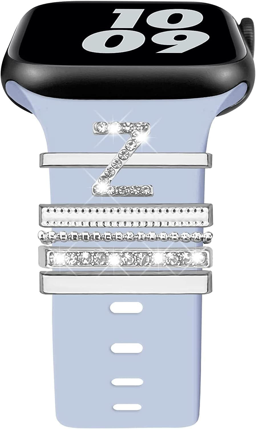 Decorative Rings Loops Compatible with Apple Watch Silicone Bands Metal Diamond Charms 45Mm 44Mm 42Mm 41Mm 40Mm 38Mm Iwatch Series 8 7 6 5 4 3 2 1 Accessories(Silver) (Z)