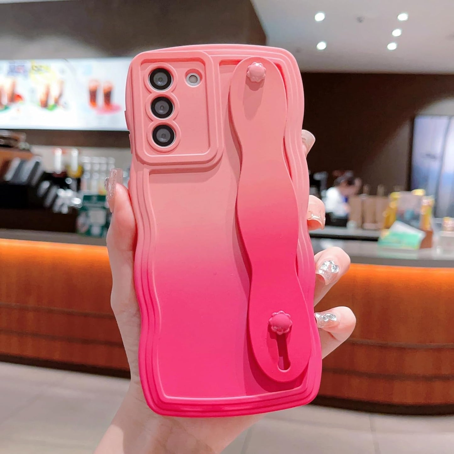 For Samsung Galaxy S22 plus Case with Wrist Strap Stand, Gradient Color Cute Wavy Curly Camera Lens Cover Soft Silicone Samsung S22+ Phone Case Cover 6.6" for Women Men (Hot Pink)