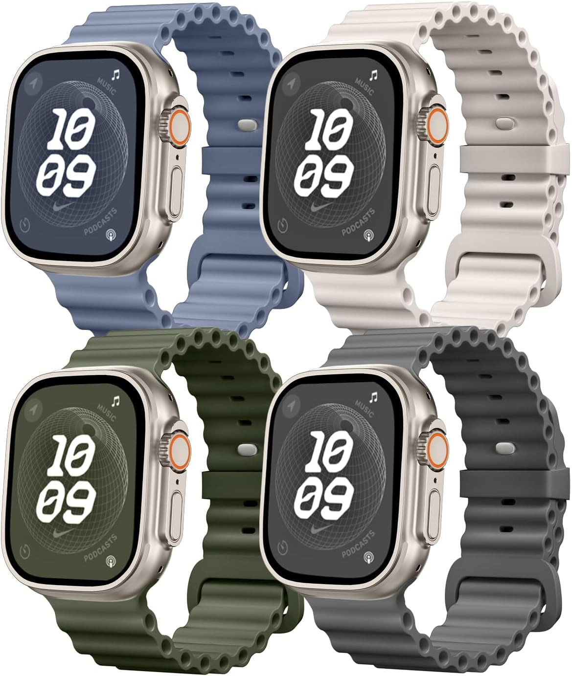 4 Pack Ocean Bands Compatible with Apple Watch Ultra Band 49Mm 45Mm 44Mm 42Mm Men Women, Soft Silicone Straps Sport Rugged Smartwatch Replacement for Iwatch Ultra Ultra 2 Series 9 8 7 6 5 4 3 2 1 SE