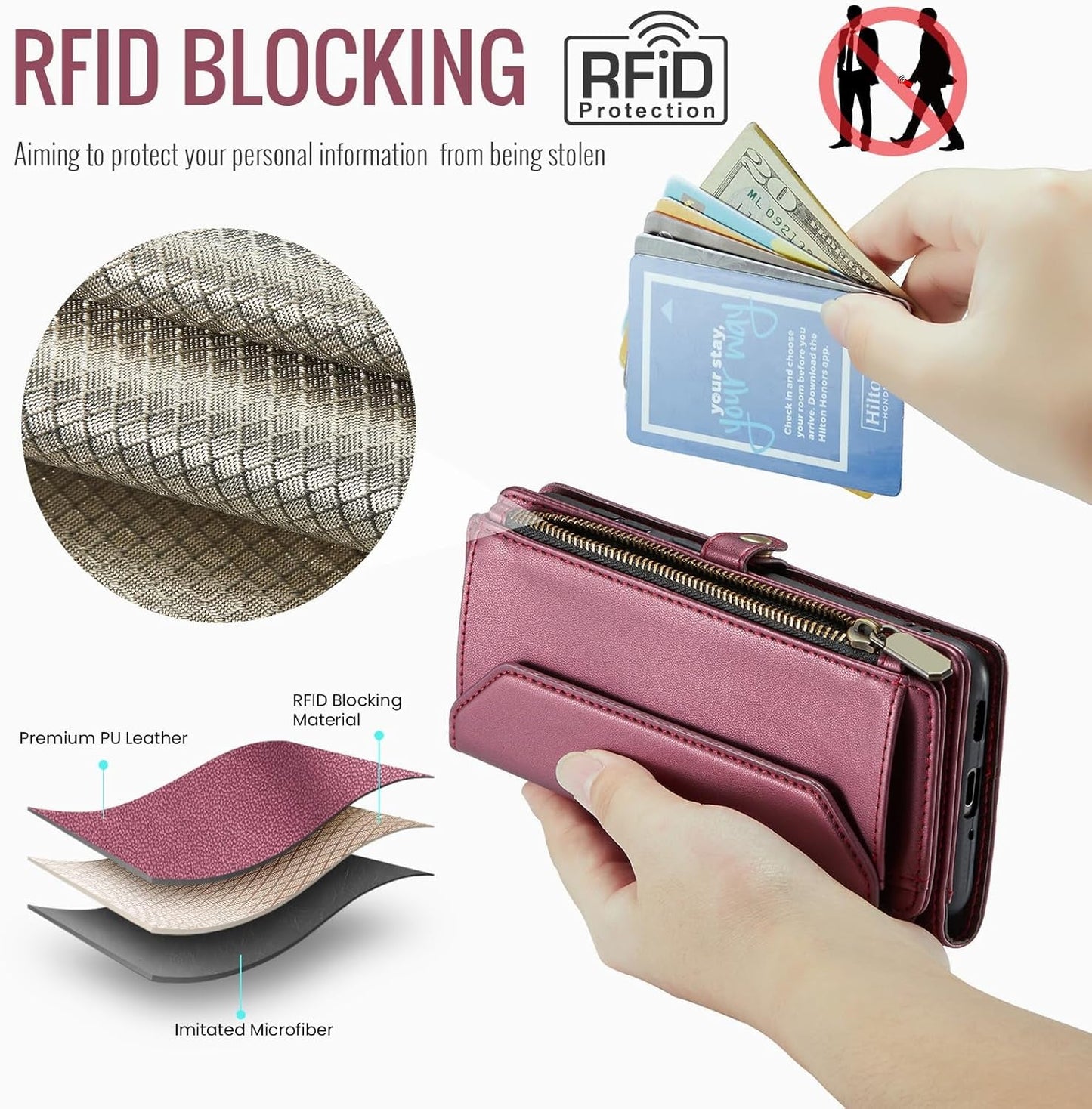 Asuwish Phone Case for Samsung Galaxy A53 5G Zipper Wallet Cover with Tempered Glass Screen Protector and Flip RFID Blocking Credit Card Holder Cell a 53 G5 53A SM A536U 6.5" 2022 Women Girls Wine Red