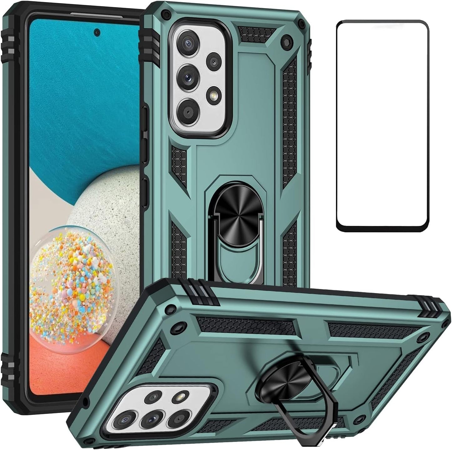 For Samsung Galaxy A53 5G Case with Screen Protector,Ring Kickstand Heavy Duty Protection Dual Layer Military Grade Drop Proof Protective Cover Hard Shell Phone Case for Samsung A53 5G (Green)