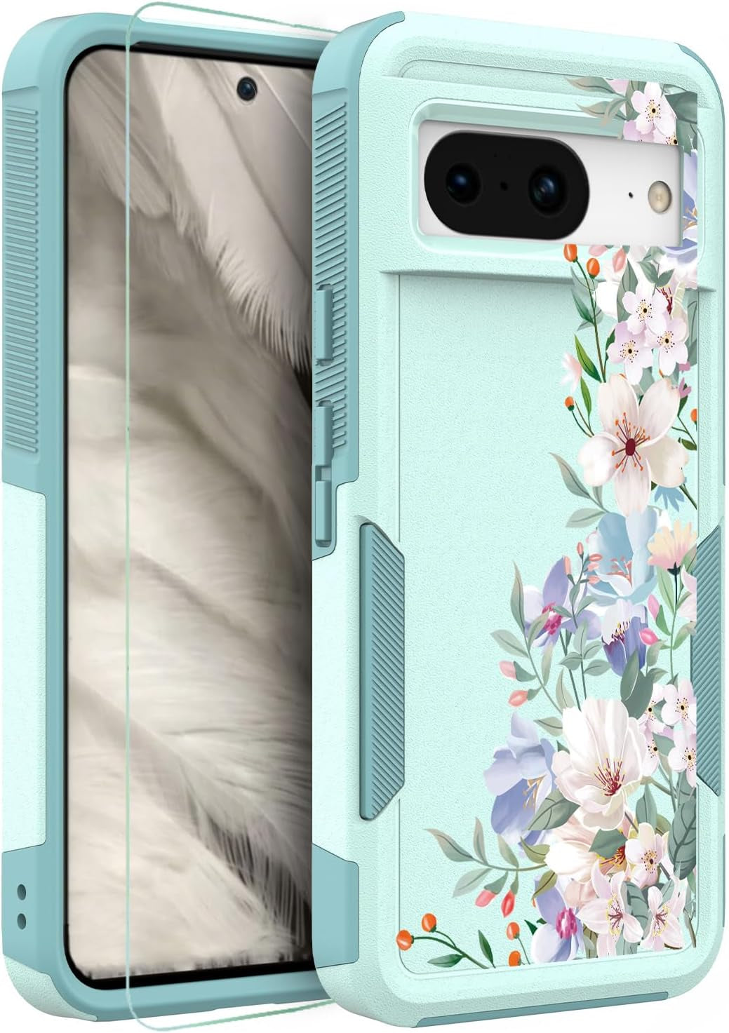 For Google Pixel 8 5G Case with Tempered Glass Screen Protector: Cute Flower Floral Design for Girls Women Slim Fit Soft TPU Bumper Silicone Cell Phone Cover (Funny Cat)  Ftonglogy Teal/Magnolia  