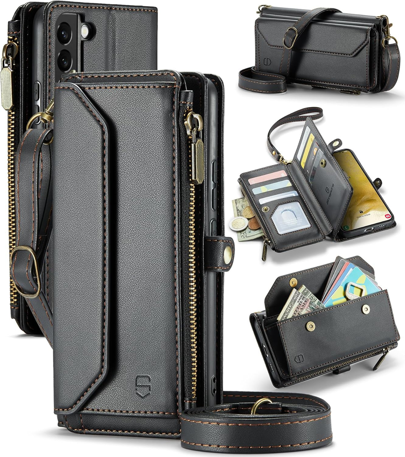 Crossbody for Samsung Galaxy S22 plus Case Wallet【Rfid Blocking】 with 10-Card Holder Zipper Bills Slot, PU Leather Magnetic Shoulder Strap for Galaxy S22 plus 5G Phone Case for Women,Black