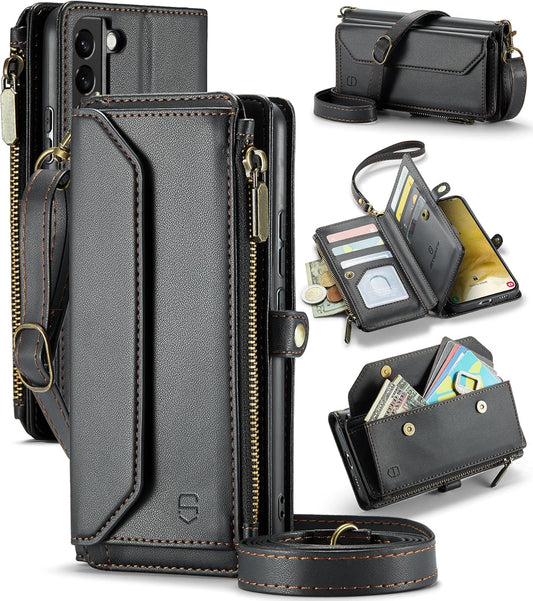 Crossbody for Samsung Galaxy S22 plus Case Wallet【Rfid Blocking】 with 10-Card Holder Zipper Bills Slot, PU Leather Magnetic Shoulder Strap for Galaxy S22 plus 5G Phone Case for Women,Black