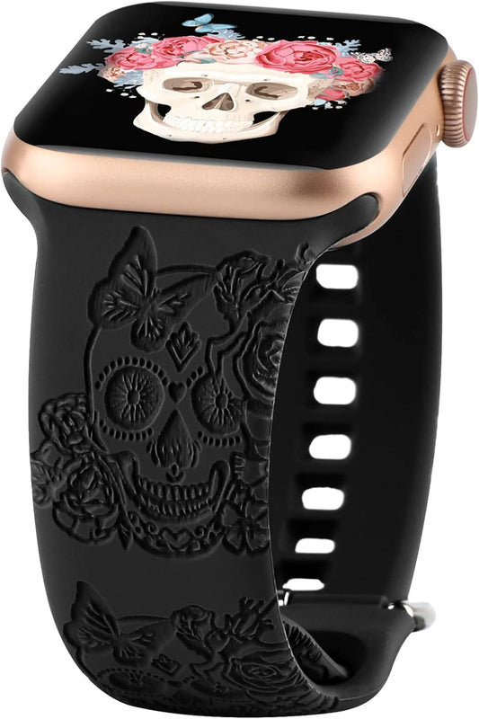 Floral Engraved Design Sport Bands Compatible with Apple Watch Iwatch Bands 40Mm 38Mm 41Mm, Flower Pattern Laser Printed Soft Silicone Strap for Iwatch Series 7-1 & SE