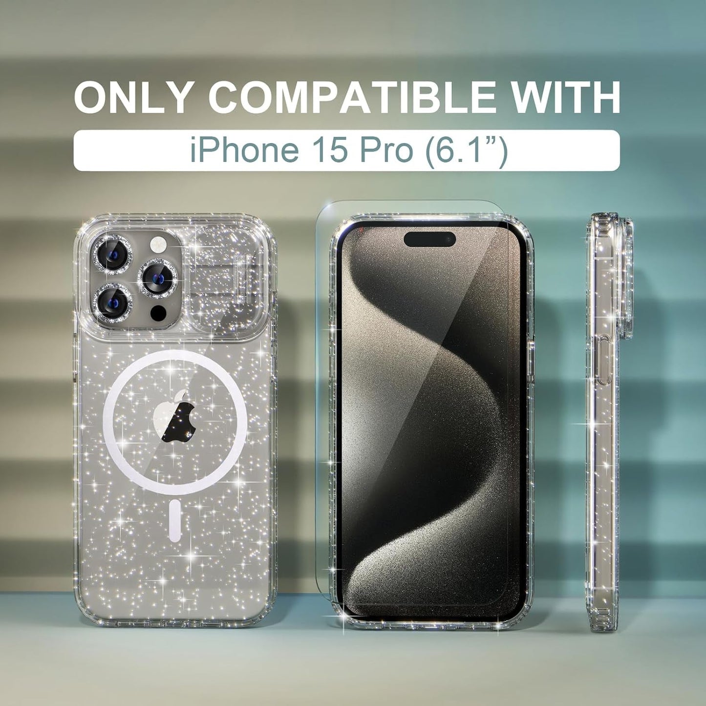 Choiche Magnetic Case for Iphone 15 Pro Case, Women Clear Glitter Sparkly Case, [Slide Camera Cover & 3 Diamond Camera Lens Protectors & 2 Screen Protectors] [Compatible Magsafe] (Glitter Clear)  Choiche   
