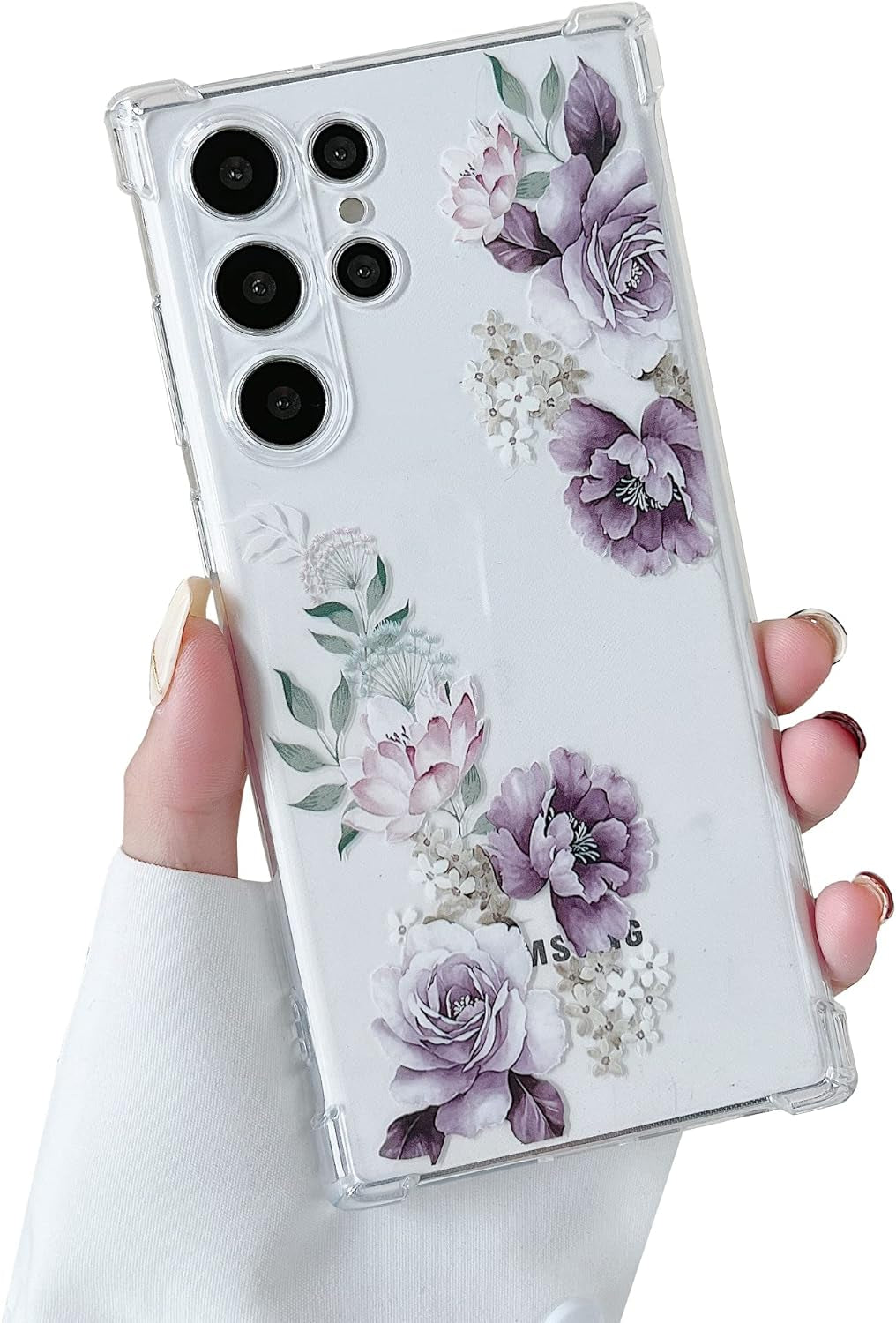DEFBSC Soft Case Compatible with Samsung Galaxy S22 Ultra, Clear Floral Flower Pattern Print Design Flexible TPU Shockproof Cover for Women Girls,Flower Protective Phone Case, Purple Peony